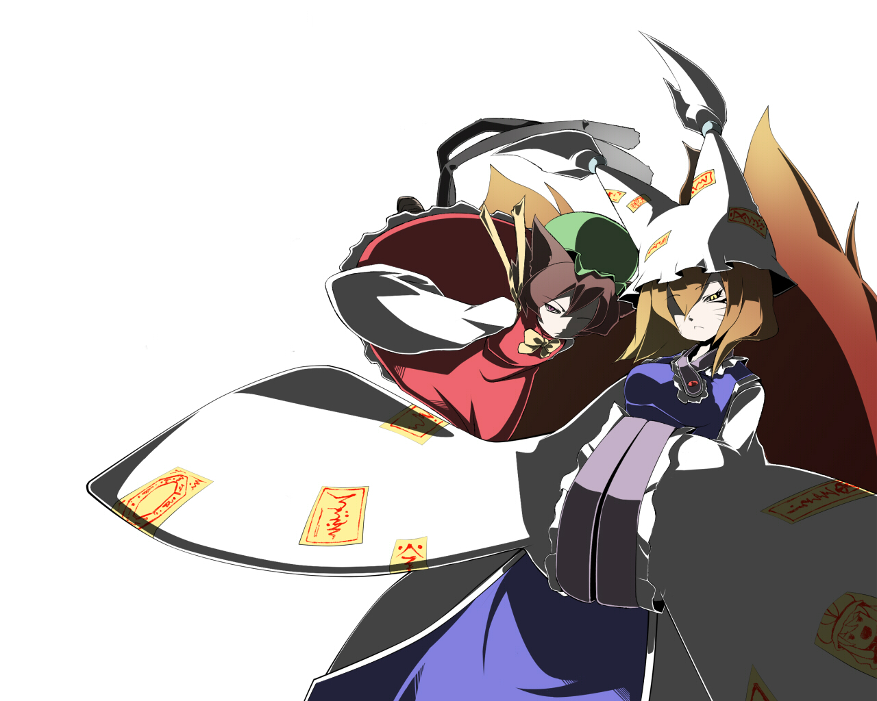 numako, chen, yakumo ran, touhou, bad id, bad pixiv id, 2girls, animal ears, animal hat, blonde hair, brown hair, cat ears, cat girl, cat tail, china dress, chinese clothes, dress, female focus, fox ears, fox tail, hair over one eye, hat, long sleeves, mob cap, multiple girls, orange hair, ribbon, short hair, tail, tassel, white background, wide sleeves, yellow eyes