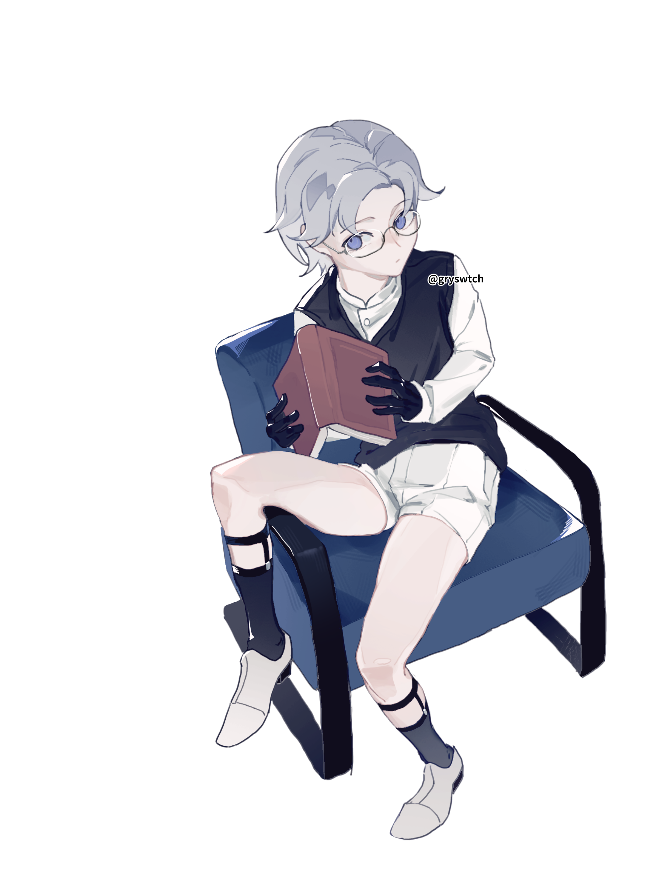 gryswtch, aotsuki eito, the hundred line -last defense academy-, absurdres, commentary, english commentary, highres, 1boy, aged down, black gloves, black socks, black vest, book, chair, full body, glasses, gloves, grey hair, holding, holding book, looking at viewer, male focus, on chair, purple eyes, shirt, shoes, short hair, shorts, simple background, sitting, socks, solo, twitter username, vest, white background, white shirt, white shoes, white shorts