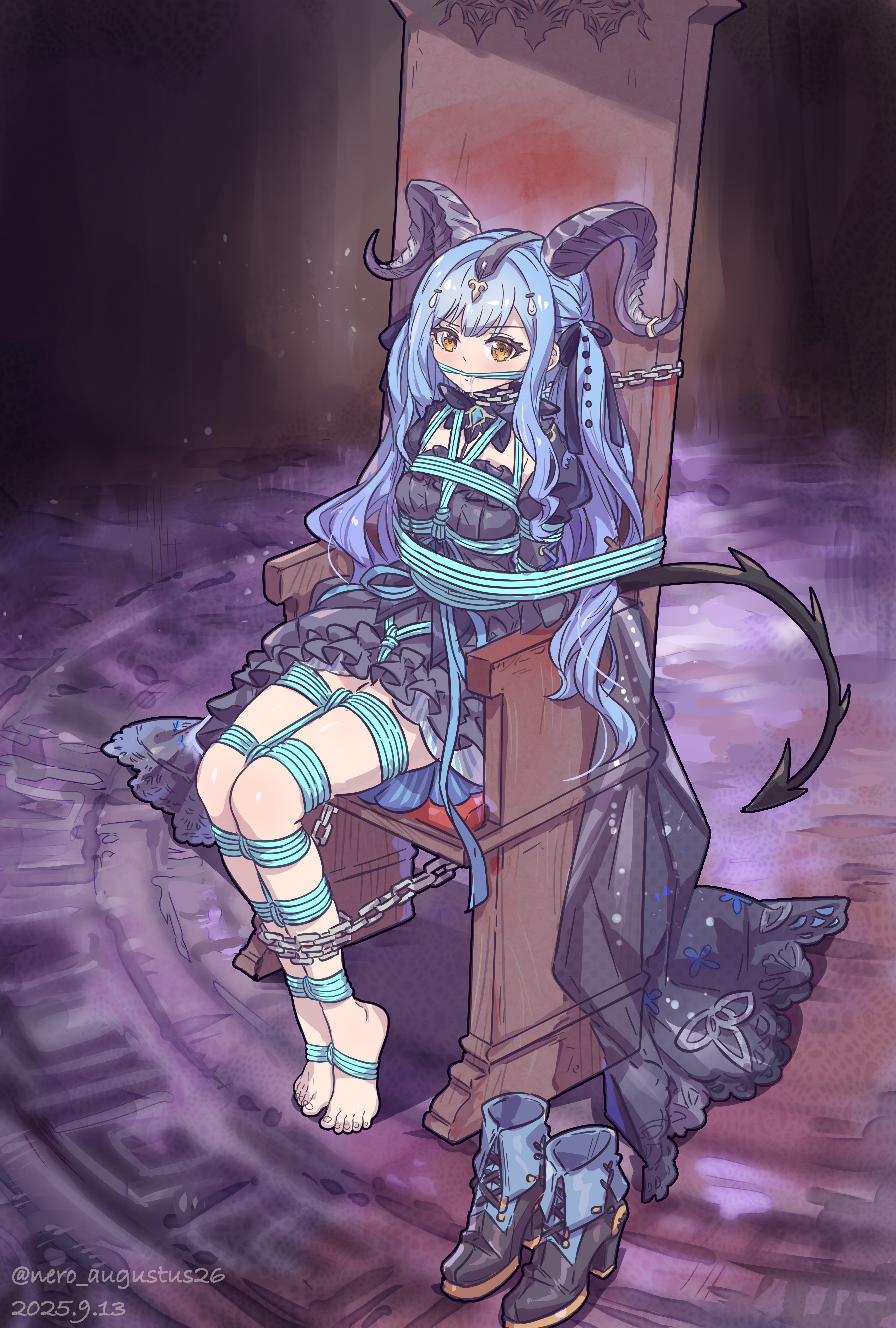 nero augustus, togawa sakiko, togawa sakiko (master of melodia), arknights, bang dream!, bang dream! it's mygo!!!!!, absurdres, commentary request, highres, partial commentary, 1girl, barefoot, bdsm, black dress, black gloves, black ribbon, blue hair, blue rope, blue shoes, bondage, bound, brooch, chain, chained, curled horns, demon tail, dress, gagged, gloves, hair ornament, hair ribbon, high heels, horns, jewelry, long hair, official alternate costume, puffy short sleeves, puffy sleeves, ribbon, rope, rope gag, shibari, shoes, short sleeves, sidelocks, sitting, sitting on throne, tail, tiptoes, toes, twitter username, two side up, unworn shoes, very long hair, yellow eyes