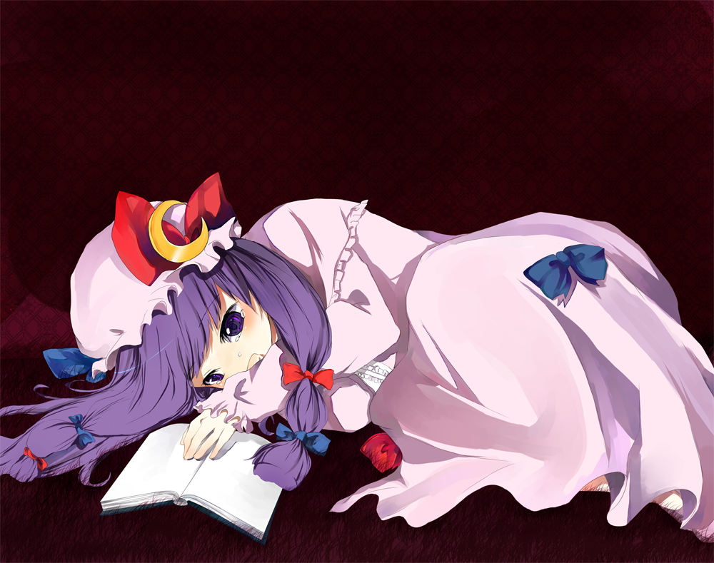 yoshi kichi, patchouli knowledge, touhou, bad id, bad pixiv id, 1girl, book, female focus, hair ribbon, long hair, lying, purple eyes, purple hair, ribbon, solo, tears