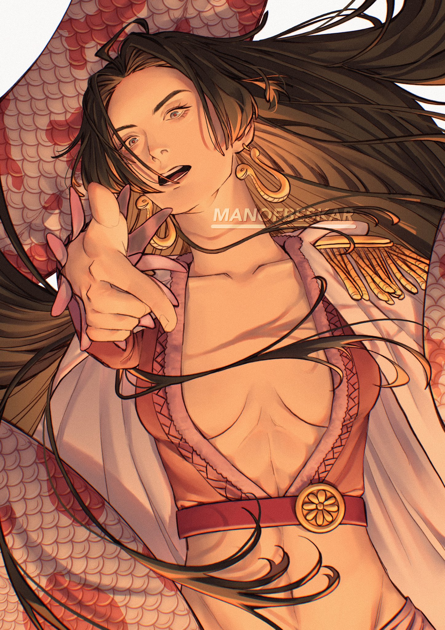 manofbeskar, boa hancock, salome (one piece), one piece, commentary, english commentary, highres, 1girl, artist name, black hair, blue eyes, breasts, cape, cleavage, earrings, epaulettes, eyelashes, floating hair, hood, hooded cape, jewelry, long hair, long sleeves, open mouth, plunging neckline, pointing, sidelocks, simple background, snake, snake earrings, upper body, white background