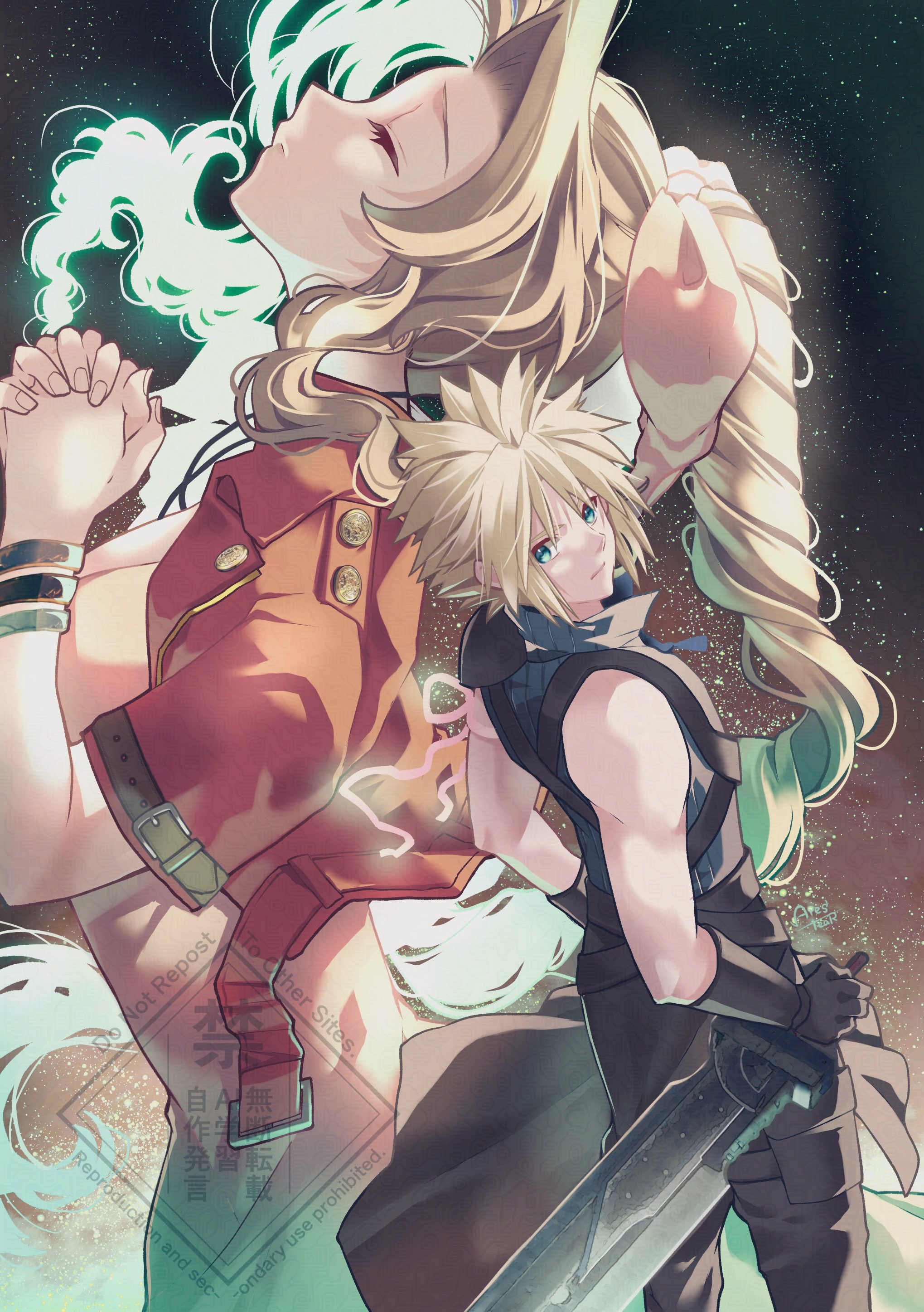 arestear0701, aerith gainsborough, cloud strife, final fantasy, final fantasy vii, final fantasy vii advent children, final fantasy vii rebirth, final fantasy vii remake, absurdres, highres, 1boy, 1girl, aqua eyes, arm ribbon, armor, artist name, bangle, black cape, black gloves, black pants, black vest, blonde hair, bracelet, braid, braided ponytail, brown hair, cape, choker, closed eyes, closed mouth, dress, fusion swords, gloves, hair ribbon, holding, holding sword, holding weapon, jacket, jewelry, lifestream, long hair, own hands clasped, own hands together, pants, parted bangs, pauldrons, pink dress, pink ribbon, praying, red jacket, ribbon, ribbon choker, short hair, short sleeves, shoulder armor, sidelocks, single bare shoulder, single braid, single pauldron, spiked hair, sword, upper body, vest, waist cape, weapon