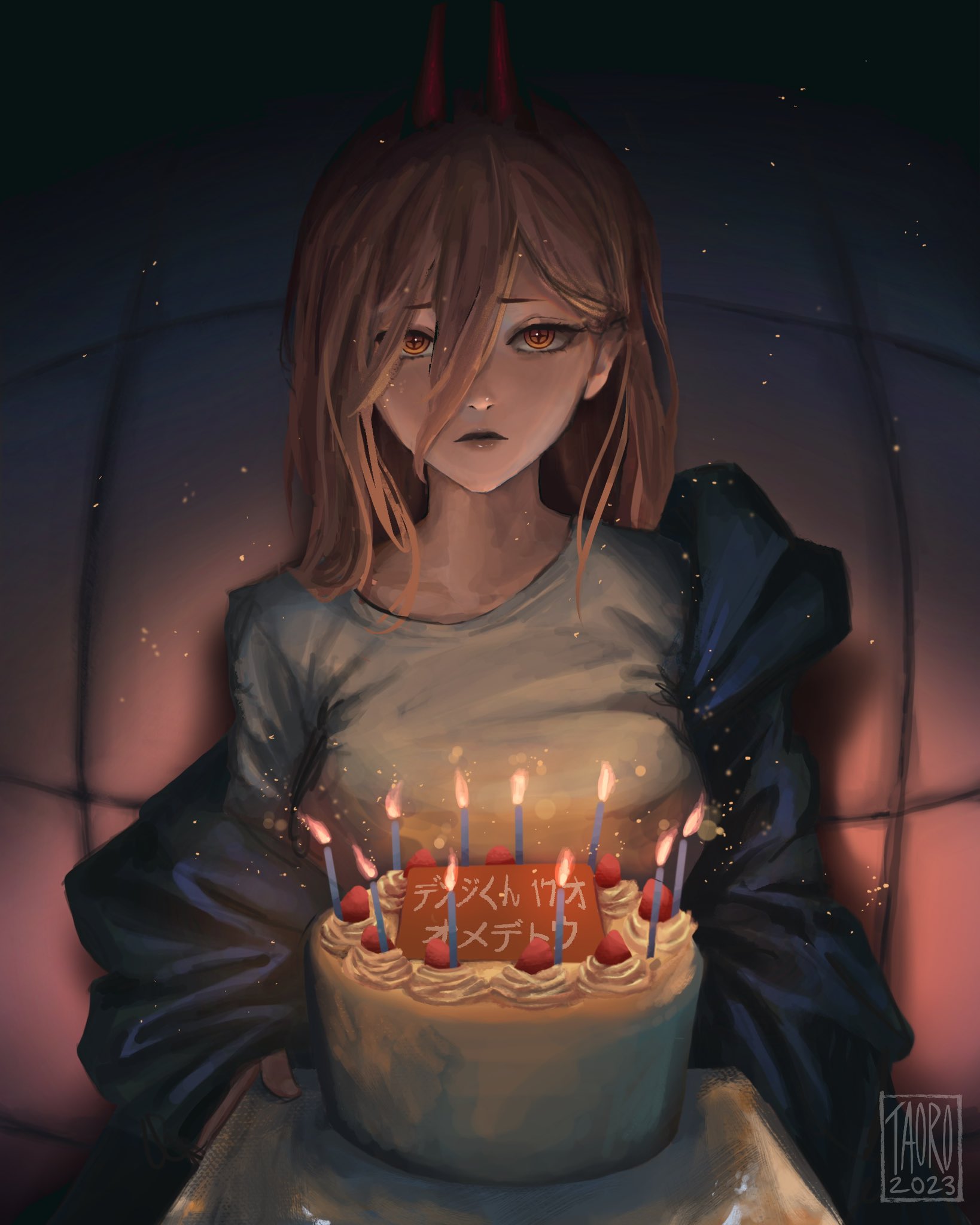 taorotana, power (chainsaw man), chainsaw man, commentary, english commentary, highres, translation request, 1girl, birthday cake, blonde hair, blue jacket, cake, candle, cross-shaped pupils, demon horns, food, hair between eyes, horns, jacket, long hair, long hair between eyes, looking at viewer, red horns, shirt, solo, symbol-shaped pupils, white shirt, yellow eyes