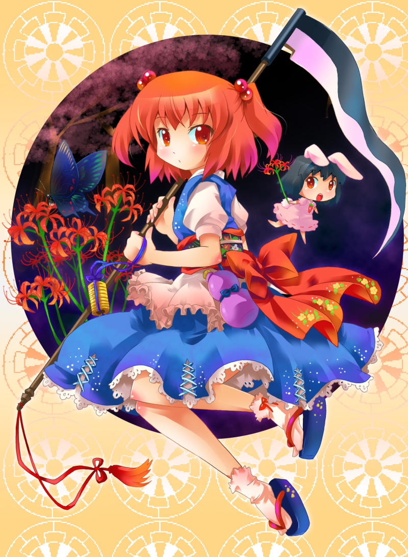michii yuuki, inaba tewi, onozuka komachi, touhou, alternate breast size, bad id, bad pixiv id, 2girls, animal ears, black eyes, black hair, bug, butterfly, female focus, flower, full body, insect, multiple girls, plant, rabbit ears, red eyes, red flower, red hair, ribbon, scythe, short hair, spider lily