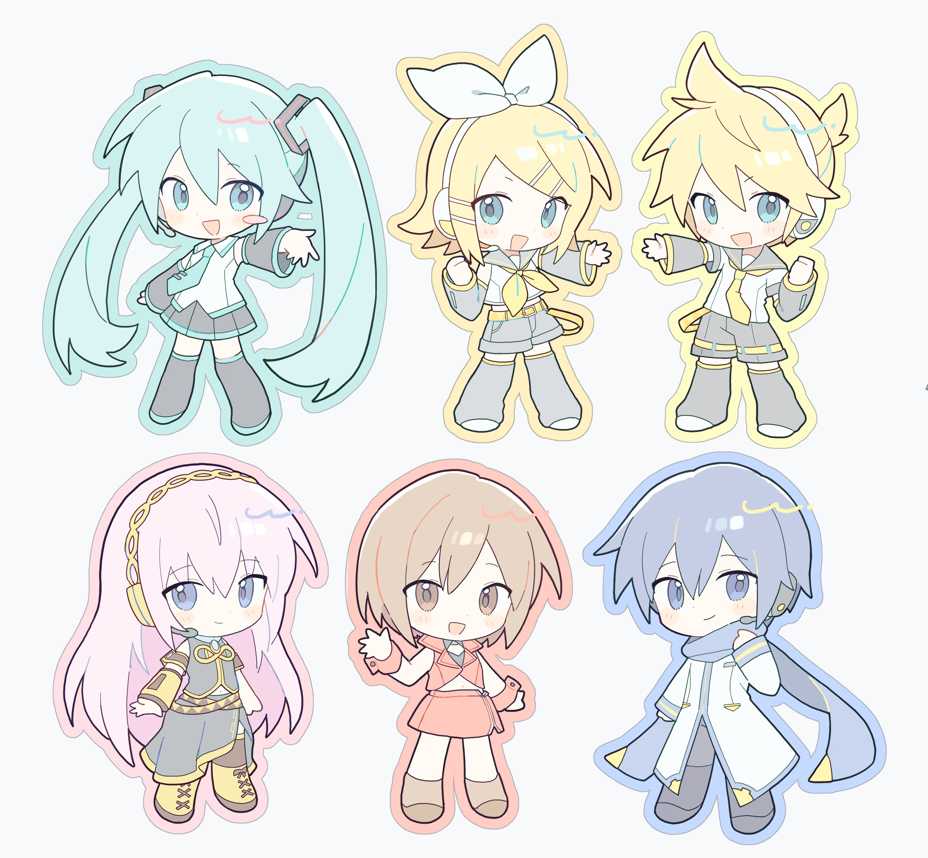 hatsune miku, kagamine len, kagamine rin, kaito (vocaloid), megurine luka, meiko (vocaloid), vocaloid, absurdres, hashtag-only commentary, highres, 2boys, 2o oxo, 4girls, aqua necktie, aqua outline, aqua trim, belt, black boots, black shirt, black skirt, black sleeves, blonde hair, blue eyes, blue hair, blue scarf, blush stickers, boots, bow, brown belt, brown boots, brown eyes, brown hair, brown thighhighs, closed mouth, coat, collared shirt, crop top, detached sleeves, green hair, grey leg warmers, grey pants, grey sailor collar, grey shorts, grey sleeves, hair between eyes, hair bow, headset, jacket, leg warmers, long hair, long sleeves, medium hair, multiple boys, multiple girls, navel, neckerchief, necktie, open mouth, outline, pants, pink hair, pleated skirt, red jacket, red skirt, sailor collar, scarf, shirt, shoes, short hair, shorts, simple background, single blush sticker, skirt, sleeveless, sleeveless shirt, sleeves past wrists, smile, thigh boots, thighhighs, tie clip, white background, white coat, white shirt, white shoes, wrist cuffs, yellow background, yellow belt, yellow boots, yellow neckerchief