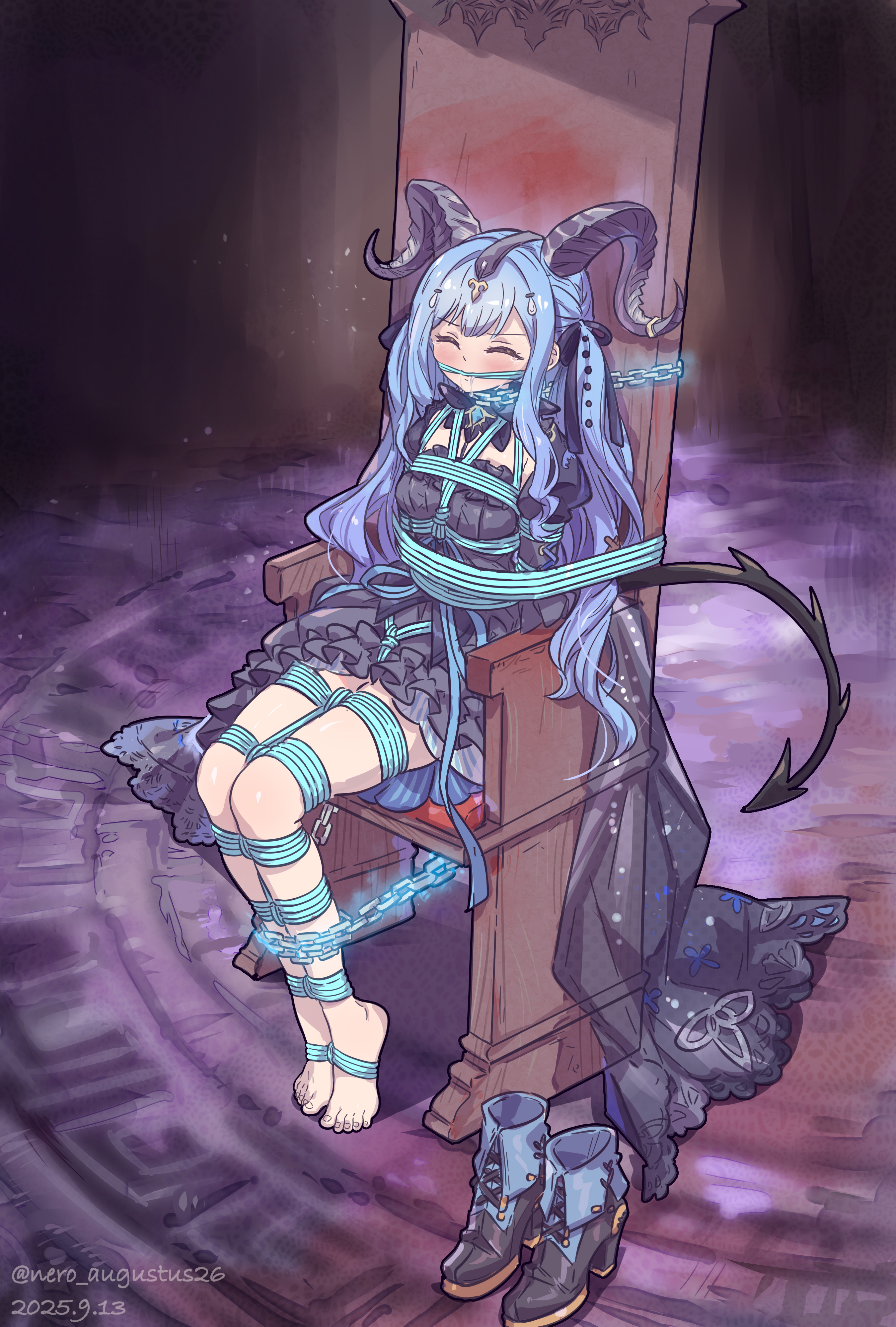 nero augustus, togawa sakiko, togawa sakiko (master of melodia), arknights, bang dream!, bang dream! it's mygo!!!!!, absurdres, commentary request, highres, partial commentary, 1girl, barefoot, bdsm, black dress, black gloves, black ribbon, blue hair, blue rope, blue shoes, blush, bondage, bound, brooch, chain, chained, closed eyes, curled horns, demon tail, dress, feet, gagged, gloves, hair ornament, hair ribbon, high heels, horns, jewelry, long hair, official alternate costume, puffy short sleeves, puffy sleeves, ribbon, rope, rope gag, saliva, shibari, shoes, short sleeves, sidelocks, sitting, sitting on throne, tail, tears, tiptoes, toes, twitter username, two side up, unworn shoes, very long hair