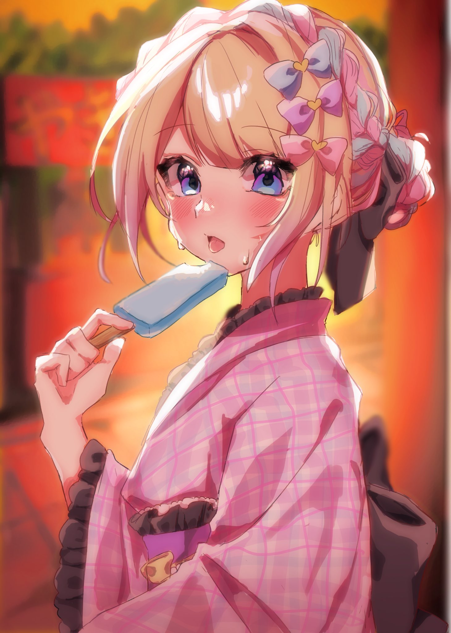 hn ost, chouzetsusaikawa tenshi-chan, needy girl overdose, highres, 1girl, :p, alternate costume, blonde hair, blush, bow, braid, colored tips, corset, food, hair bow, hair bun, hand up, holding, holding food, holding popsicle, japanese clothes, kimono, looking at viewer, multicolored hair, multiple hair bows, open mouth, pink kimono, popsicle, sidelocks, solo, sweat, tongue, tongue out