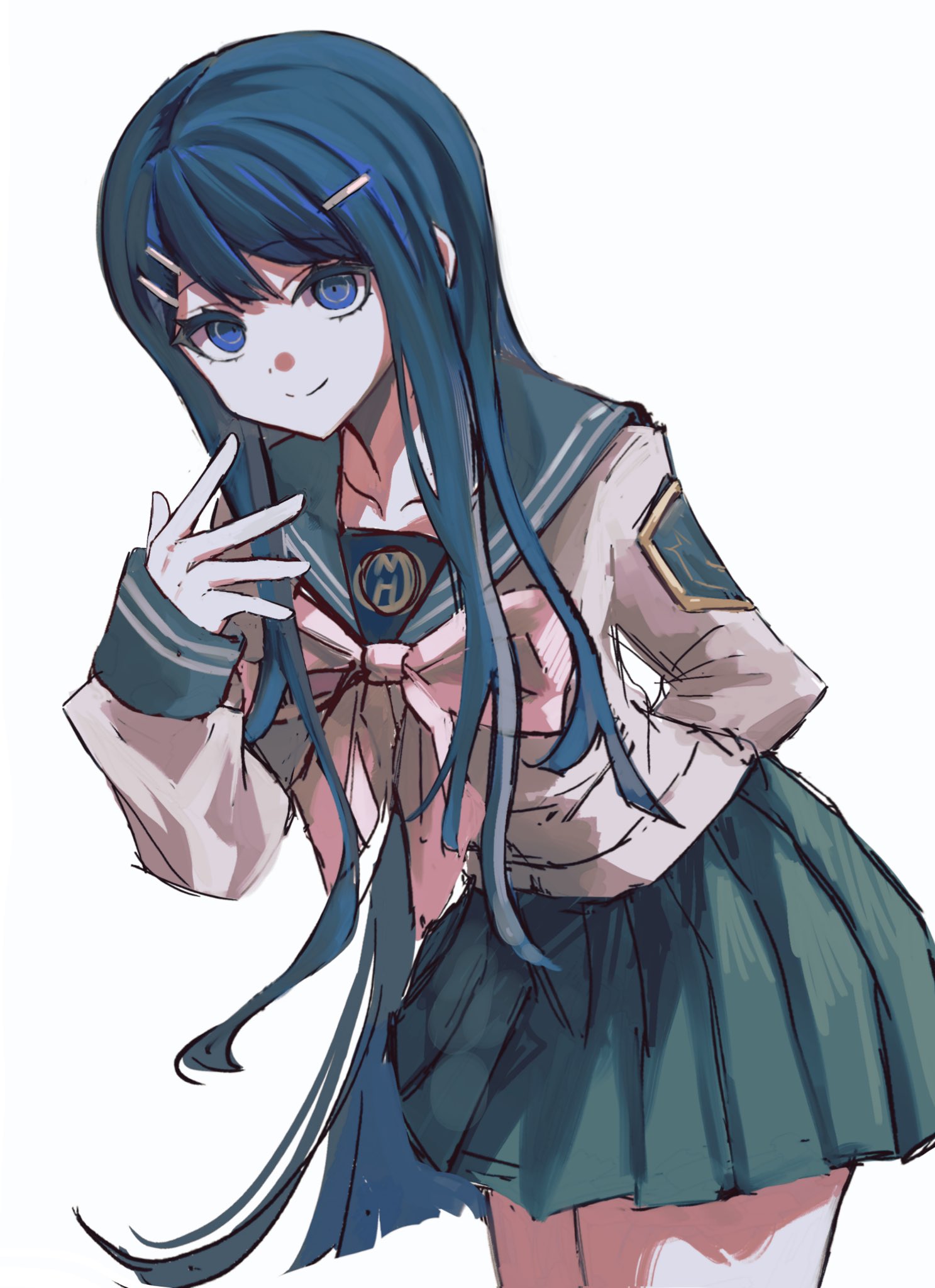 rishaku (user cuwx8758), maizono sayaka, danganronpa: trigger happy havoc, danganronpa (series), commentary, highres, 1girl, aqua sailor collar, aqua skirt, arm behind back, blue eyes, blue hair, bow, bowtie, closed mouth, cowboy shot, hair ornament, hairclip, long hair, long sleeves, miniskirt, pink bow, pink bowtie, pleated skirt, sailor collar, school uniform, serafuku, shirt, skirt, sleeves past wrists, smile, solo, very long hair, white shirt