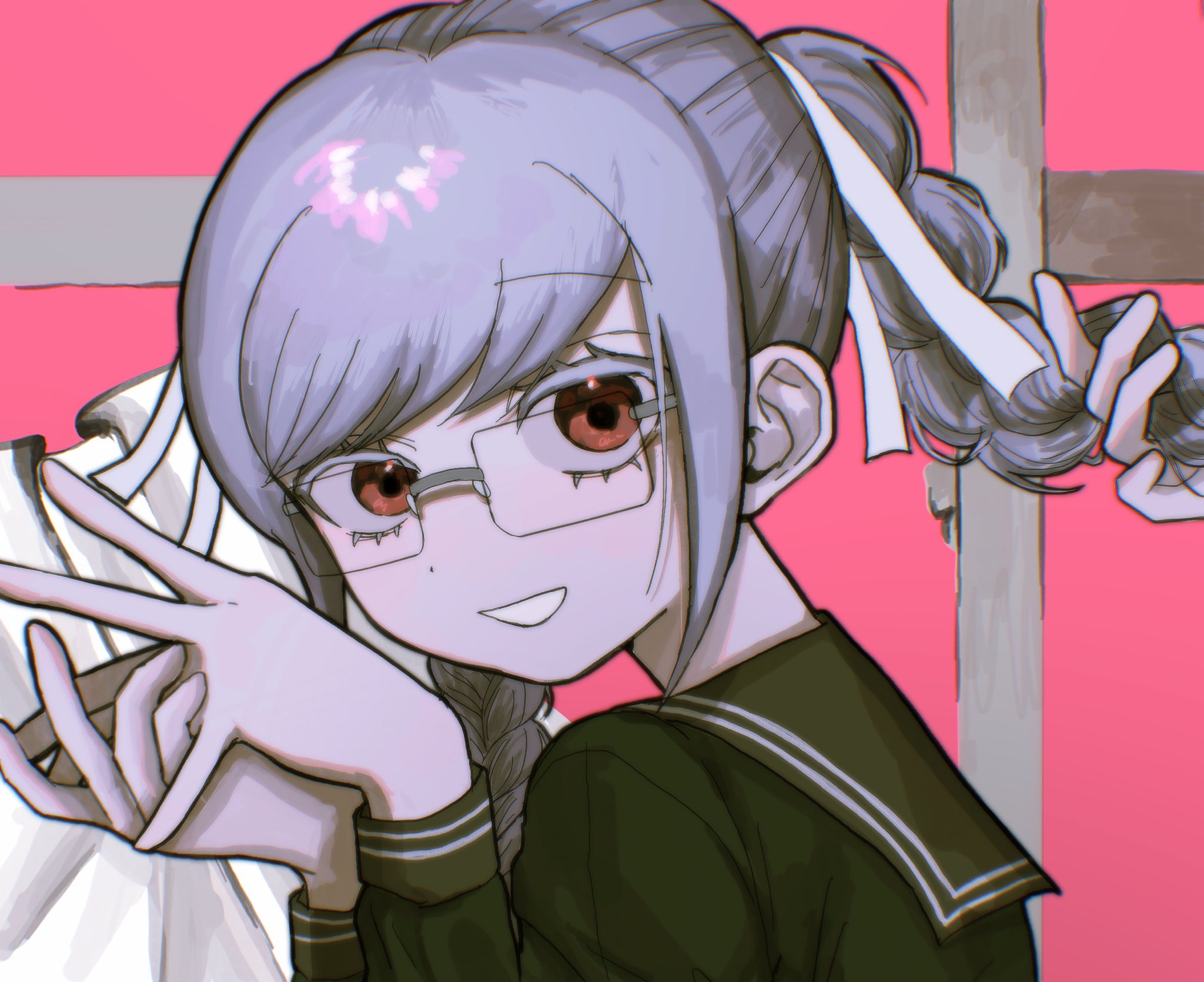 sunaba asobi, pekoyama peko, danganronpa (series), danganronpa 2: goodbye despair, commentary request, highres, 1girl, black shirt, braid, colored eyelashes, eyelashes, glasses, hair ribbon, long hair, long sleeves, own hands together, pink background, rectangular eyewear, red eyes, ribbon, sailor collar, sailor shirt, sanpaku, shirt, smile, solo focus, twin braids, white ribbon
