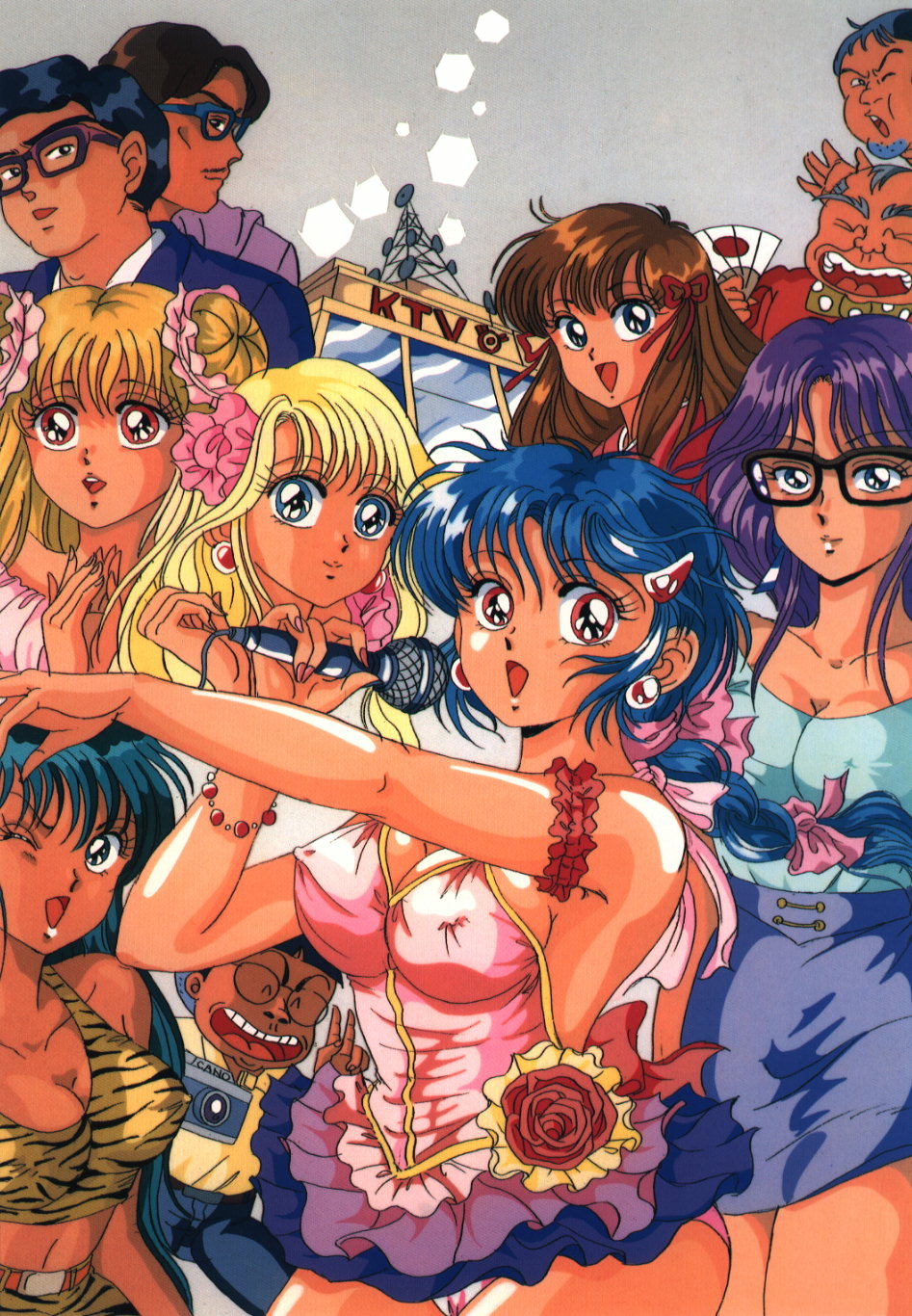 highres, 5boys, 6+girls, braid, breasts, cleavage, covered erect nipples, earrings, everyone, glasses, jewelry, large breasts, microphone, midriff, multiple boys, multiple girls, music, one eye closed, panties, pantyshot, sideboob, singing, underwear, wink