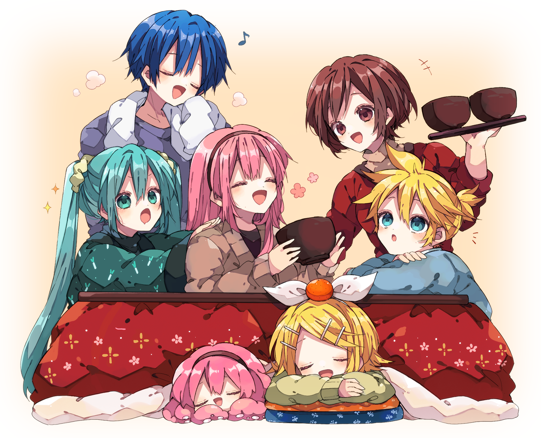 kaho 0102, hatsune miku, kagamine len, kagamine rin, kaito (vocaloid), megurine luka, meiko (vocaloid), takoluka, vocaloid, commentary request, highres, 2boys, 4girls, :d, :o, black hairband, blonde hair, blue eyes, blue hair, blue shirt, bowl, brown eyes, brown hair, brown sweater, closed eyes, double-parted bangs, green sweater, hair between eyes, hair ornament, hairband, hairclip, holding, holding bowl, holding plate, kotatsu, long hair, long sleeves, lying, multiple boys, multiple girls, on stomach, open mouth, parallel hairclips, parted bangs, pink hair, plate, red shirt, shirt, short hair, sleeping, smile, sweater, table, towel, towel around neck, twintails, yellow background