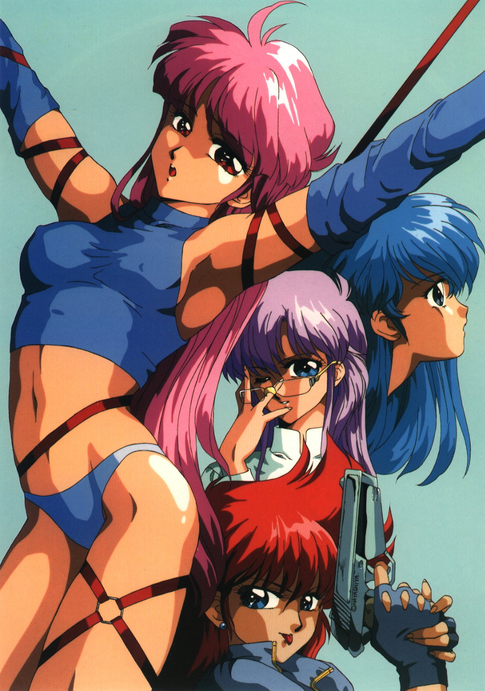 highres, 4girls, armpits, bondage, bound, earrings, glasses, gloves, gun, jewelry, multiple girls, one eye closed, tongue, weapon, wink