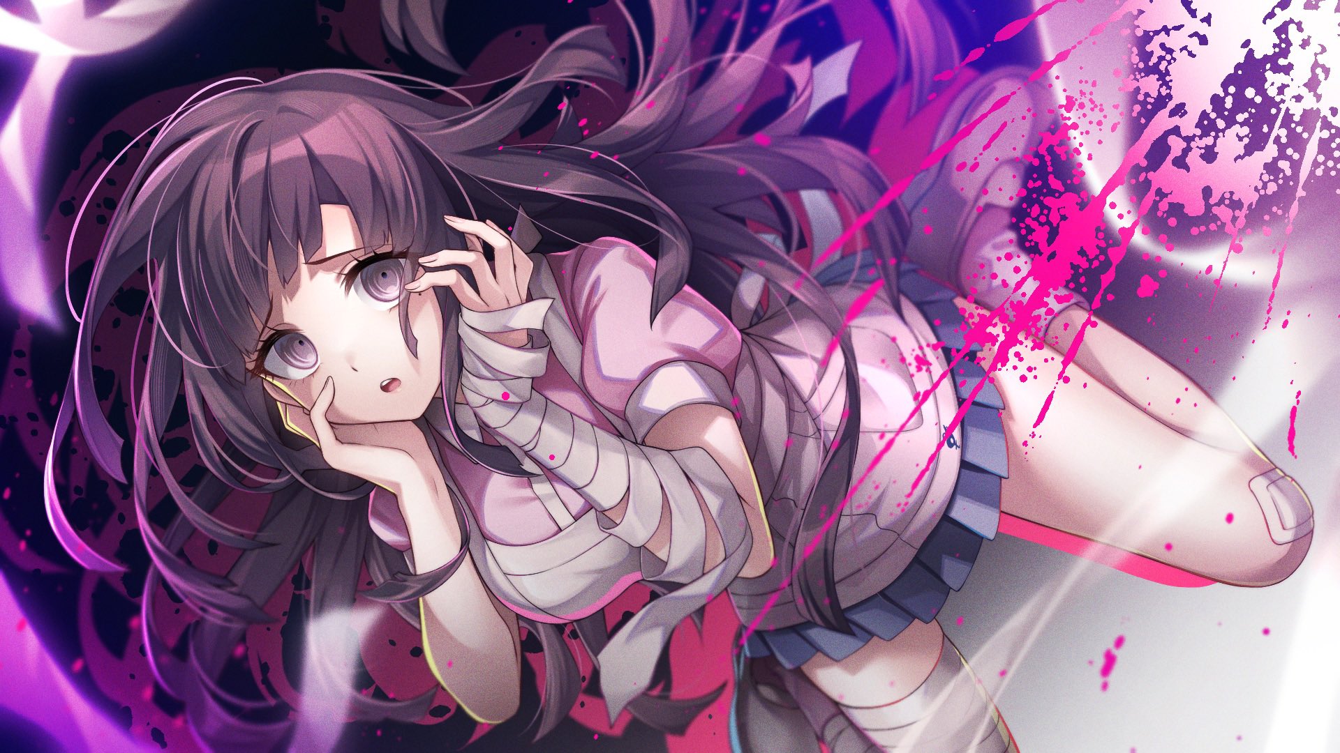 amatsuji, tsumiki mikan, danganronpa (series), danganronpa 2: goodbye despair, highres, 1girl, :o, apron, bandaged arm, bandaged hand, bandages, bandaid, bandaid on knee, bandaid on leg, black hair, blood, blue skirt, gradient background, long hair, miniskirt, pink blood, pink eyes, pleated skirt, puffy short sleeves, puffy sleeves, shiny skin, shoes, short sleeves, skirt, socks, solo, teeth, upper teeth only, white apron