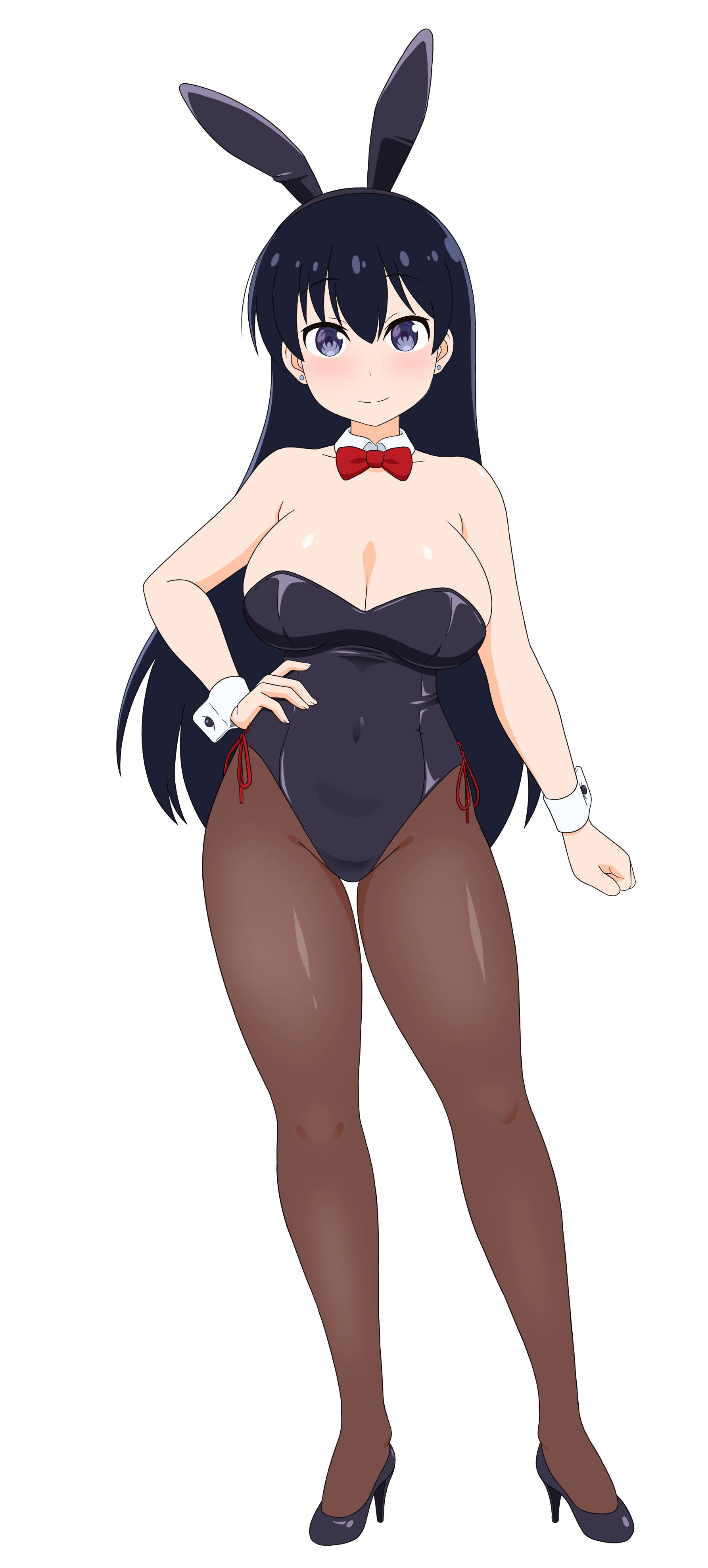 usazirou539, arato nagi, ruri no houseki, absurdres, highres, 1girl, animal ear hairband, animal ears, black hair, black leotard, black pantyhose, black shoes, blue eyes, bow, bowtie, breasts, cleavage, detached collar, fake animal ears, full body, hairband, hand on own hip, high heels, large breasts, leotard, long hair, looking at viewer, pantyhose, playboy bunny, rabbit ears, red bow, red bowtie, shoes, side-tie leotard, simple background, solo, strapless, strapless leotard, white background, wrist cuffs