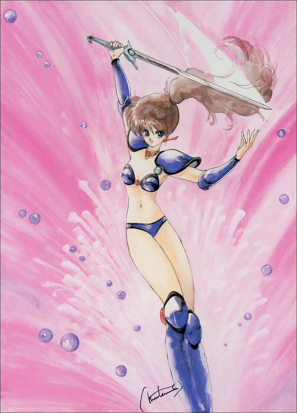 inomata mutsumi, asagiri youko, genmu senki leda, 1980s (style), highres, 1girl, armor, bikini armor, boots, brown hair, female focus, knee boots, made in 2000, oldschool, ponytail, retro artstyle, solo, sword, weapon, yohko