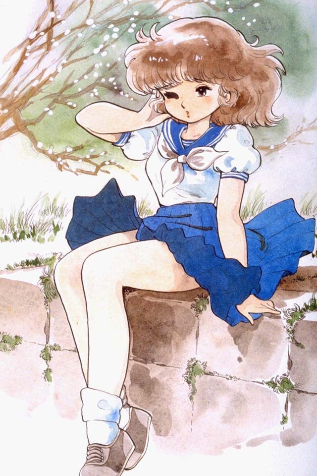 1980s (style), 1girl, brown hair, female focus, oldschool, retro artstyle, school uniform, serafuku, short hair, solo, wind, wind lift