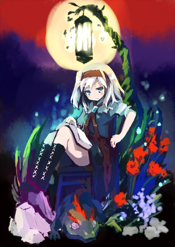 xexu, alice margatroid, touhou, 1girl, book, female focus, flower, hairband, lamp, legs, outdoors, plant, sitting, sky, solo