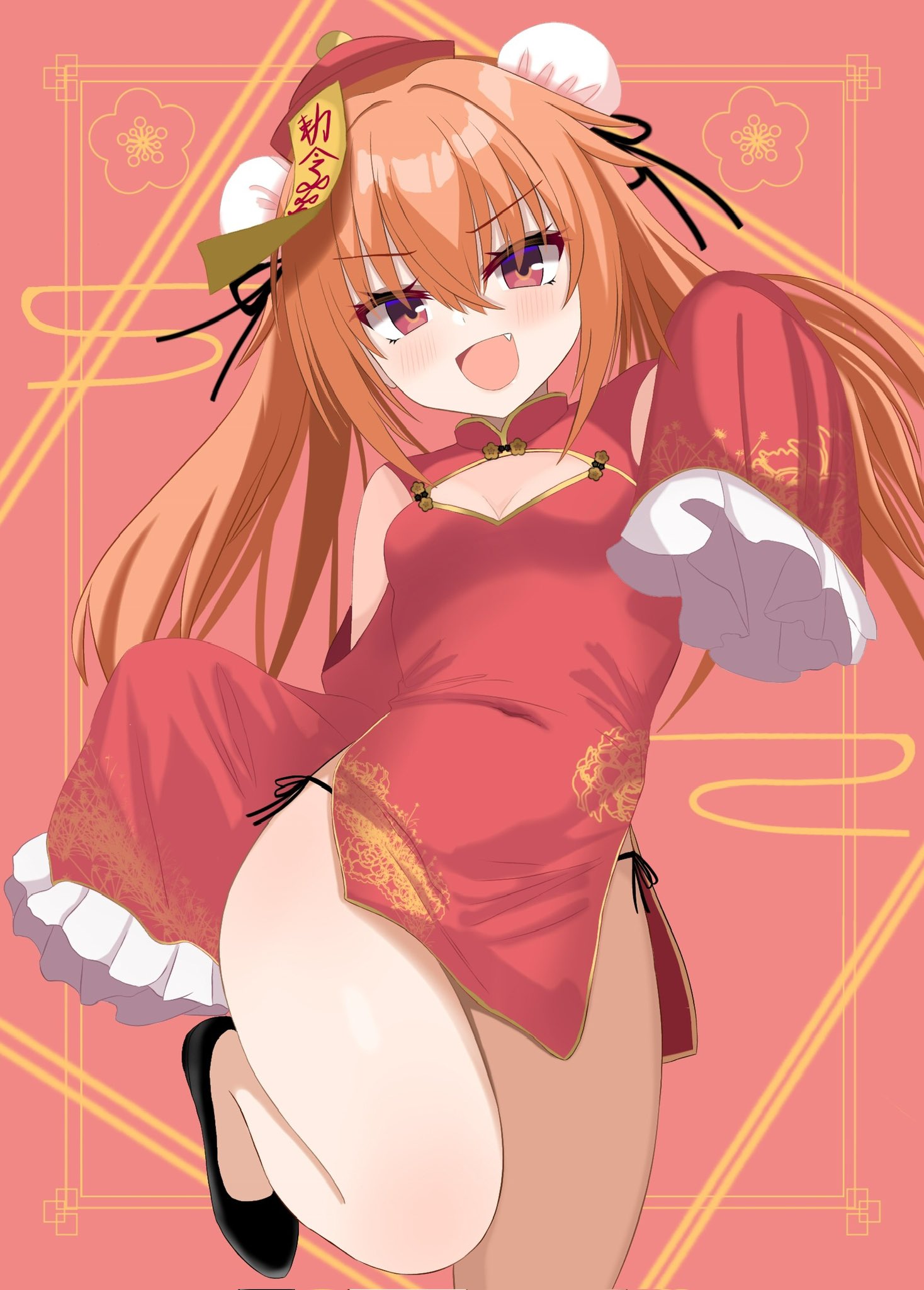 chinoha usagi, inaba meguru, sanoba witch, commentary request, highres, 1girl, :d, alternate costume, alternate hairstyle, bare shoulders, black panties, black ribbon, black shoes, blush, breasts, bun cover, china dress, chinese clothes, cleavage, cleavage cutout, clothing cutout, double bun, dress, eyelashes, eyes visible through hair, fang, floating hair, floral print, floral print dress, foot out of frame, frilled sleeves, frills, hair between eyes, hair bun, hair ribbon, hands up, hat, jiangshi costume, long hair, no socks, ofuda, ofuda on head, open mouth, orange hair, panties, panty peek, pink background, print dress, red dress, red eyes, red hat, ribbon, shoes, short dress, shoulder cutout, side-tie panties, side slit, simple background, sleeves past fingers, sleeves past wrists, small breasts, smile, smug, solo, standing, standing on one leg, thighs, tsurime, twintails, underwear, v-shaped eyebrows, very long hair, wide sleeves