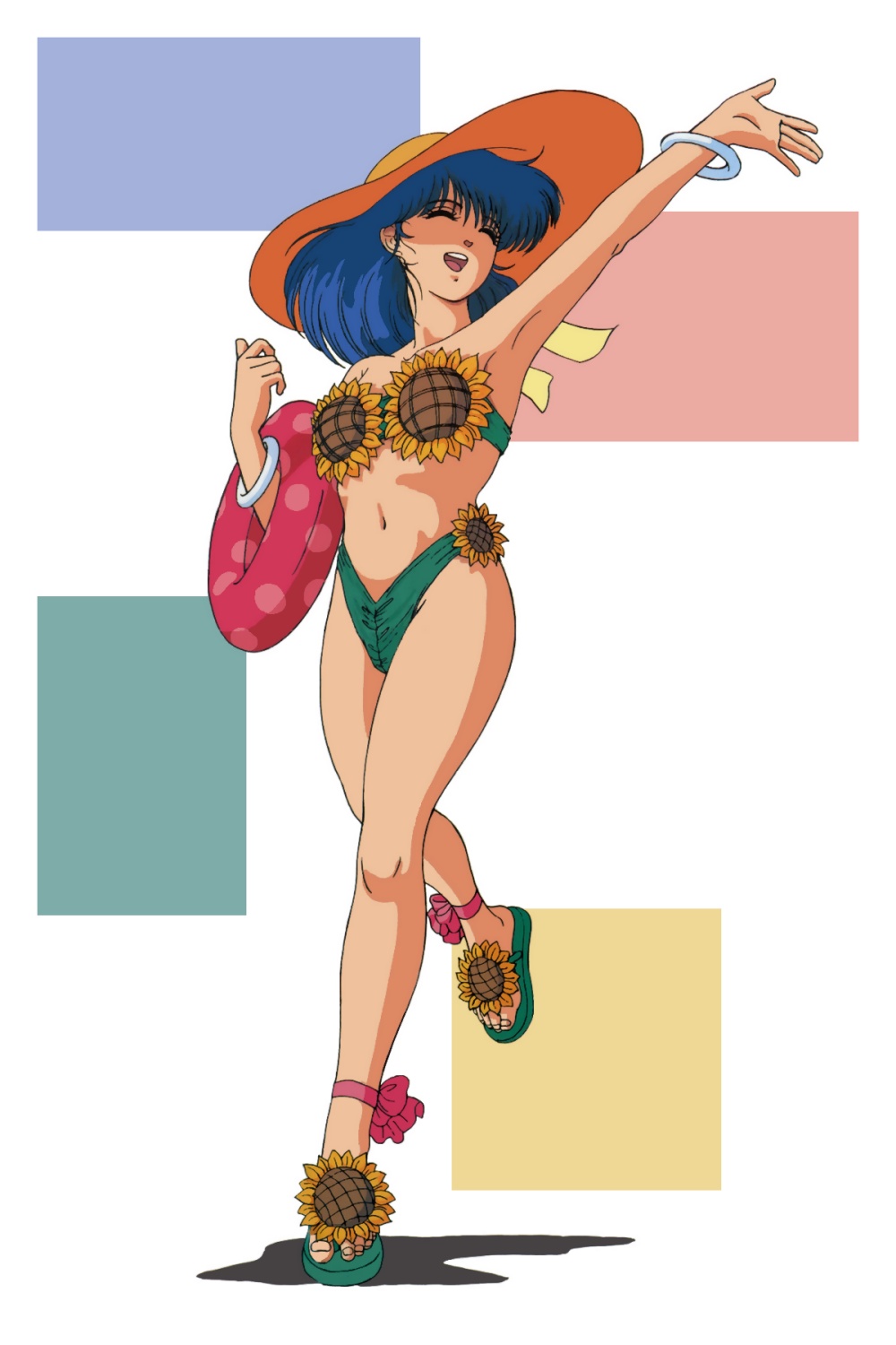 apple (character), apple (zillion), akai koudan zillion, 1980s (style), highres, 1girl, ^ ^, ankle ribbon, arm up, armpits, bikini, blue hair, bracelet, closed eyes, female focus, flower, footwear flower, full body, green bikini, hat, innertube, jewelry, leg ribbon, long hair, navel, oldschool, open mouth, polka dot, red photon zillion, retro artstyle, ribbon, sandals, simple background, solo, standing, sun hat, sunflower, swim ring, swimsuit, toes