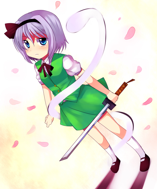 subaru (yachika), konpaku youmu, konpaku youmu (ghost), touhou, 1girl, blue eyes, female focus, hairband, hitodama, katana, petals, purple hair, short hair, solo, sword, weapon