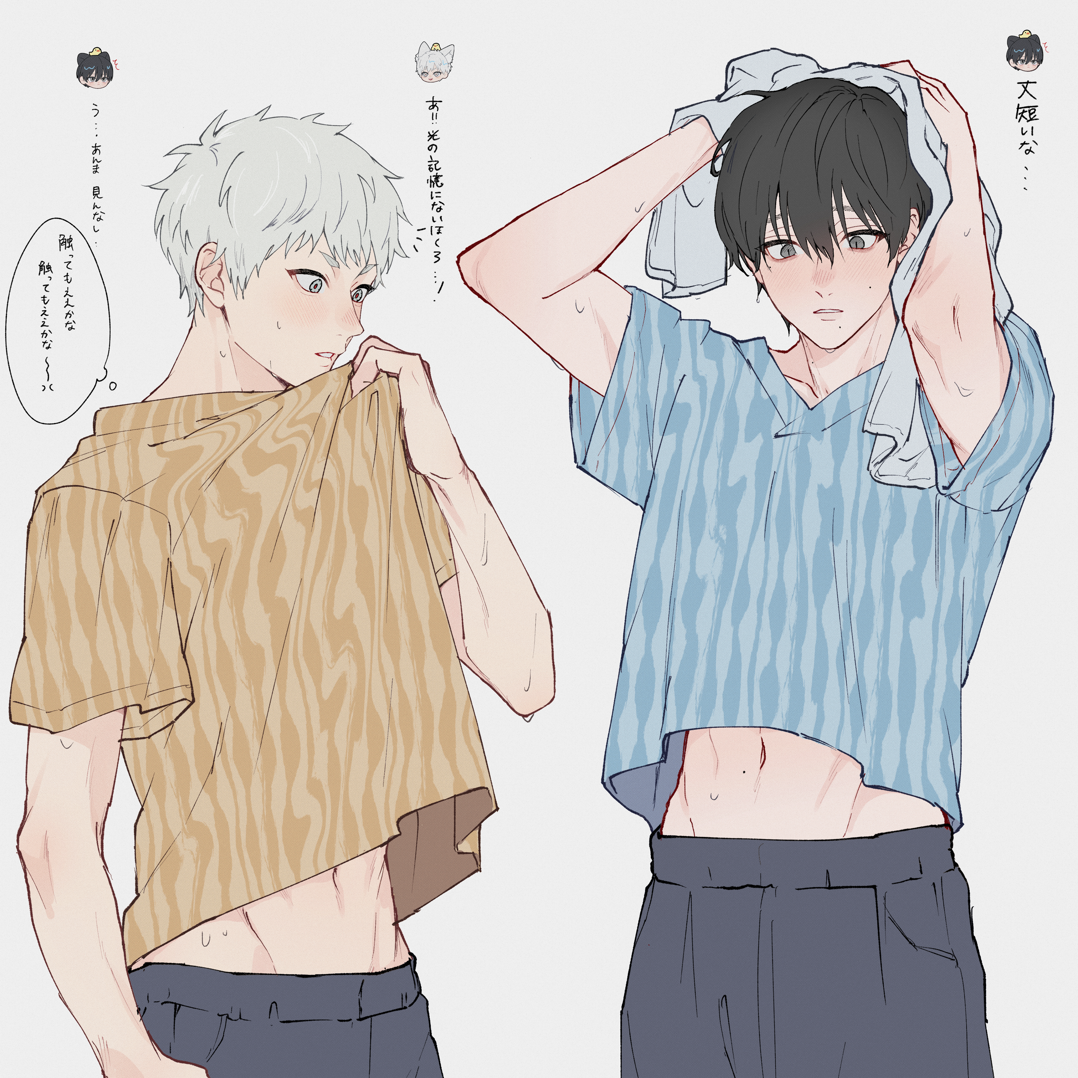 sono nu, indou hikaru, tsujinaka yoshiki, hikaru ga shinda natsu, absurdres, highres, translation request, 2boys, black hair, black pants, cowboy shot, hair between eyes, holding, holding towel, male focus, midriff peek, mole, mole on cheek, mole under eye, mole under mouth, multiple boys, multiple moles, navel, pants, pocket, shirt, short hair, speech bubble, towel, towel on head, white hair, white shirt