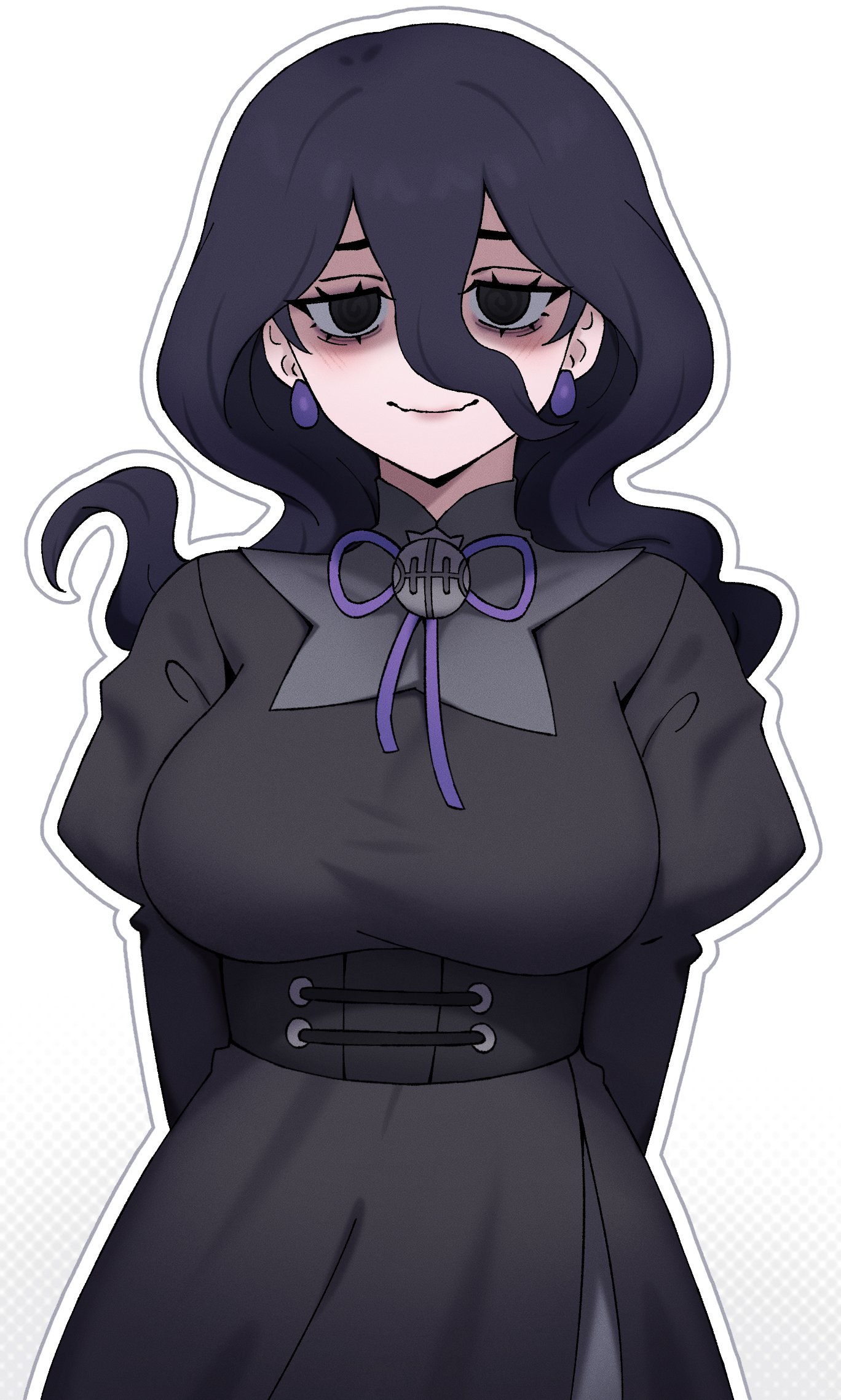 edmonmondo, hex maniac (pokemon), hex maniac (pokemon legends: z-a), nintendo, pokemon, pokemon legends: z-a, commentary, english commentary, highres, 1girl, @ @, black dress, black hair, breasts, dress, earrings, jewelry, looking at viewer, medium breasts, purple eyes, simple background, smile, solo, white background