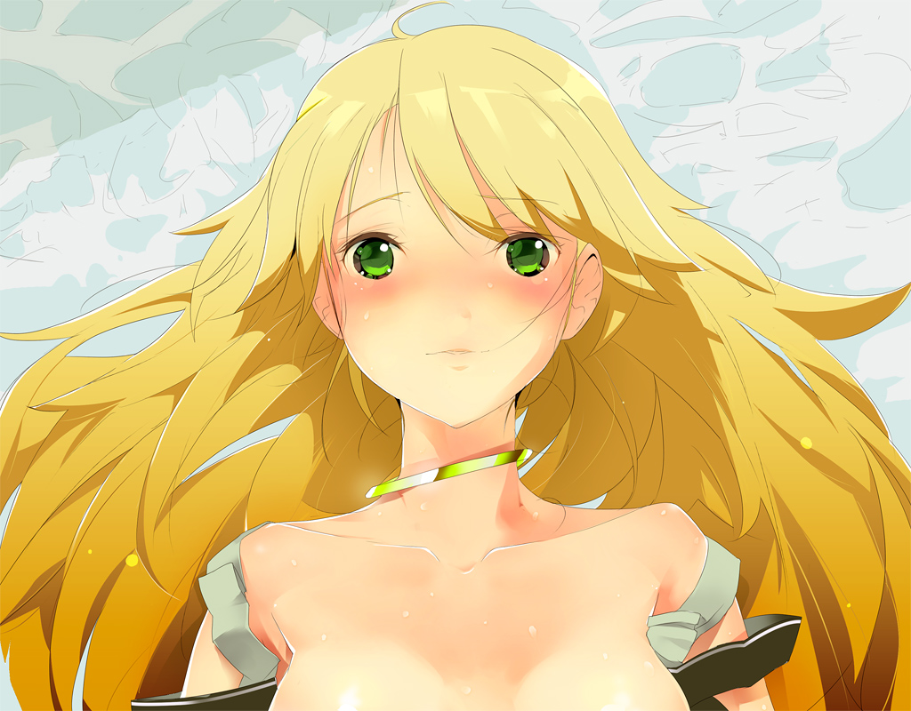 kaede (sayappa), sayappa, hoshii miki, idolmaster, idolmaster (classic), idolmaster 1, 00s, 1girl, blonde hair, blush, collarbone, female focus, green eyes, jewelry, necklace, solo, strap slip, tears, upper body
