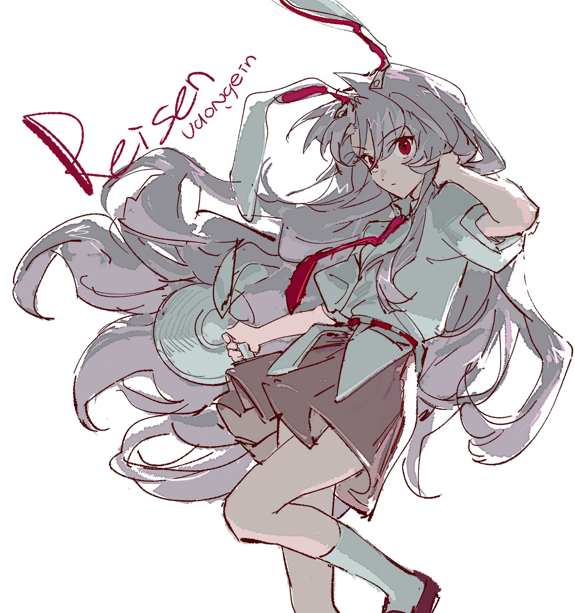aibivy, reisen udongein inaba, touhou, commentary request, highres, 1girl, animal ears, belt, brown skirt, character name, closed mouth, expressionless, foot out of frame, holding, holding megaphone, kneehighs, leg up, long hair, megaphone, miniskirt, necktie, pleated skirt, puffy short sleeves, puffy sleeves, purple eyes, rabbit ears, red belt, red necktie, red shoes, shirt, shoes, short sleeves, simple background, skirt, socks, solo, untucked shirt, very long hair, white background, white shirt, white socks