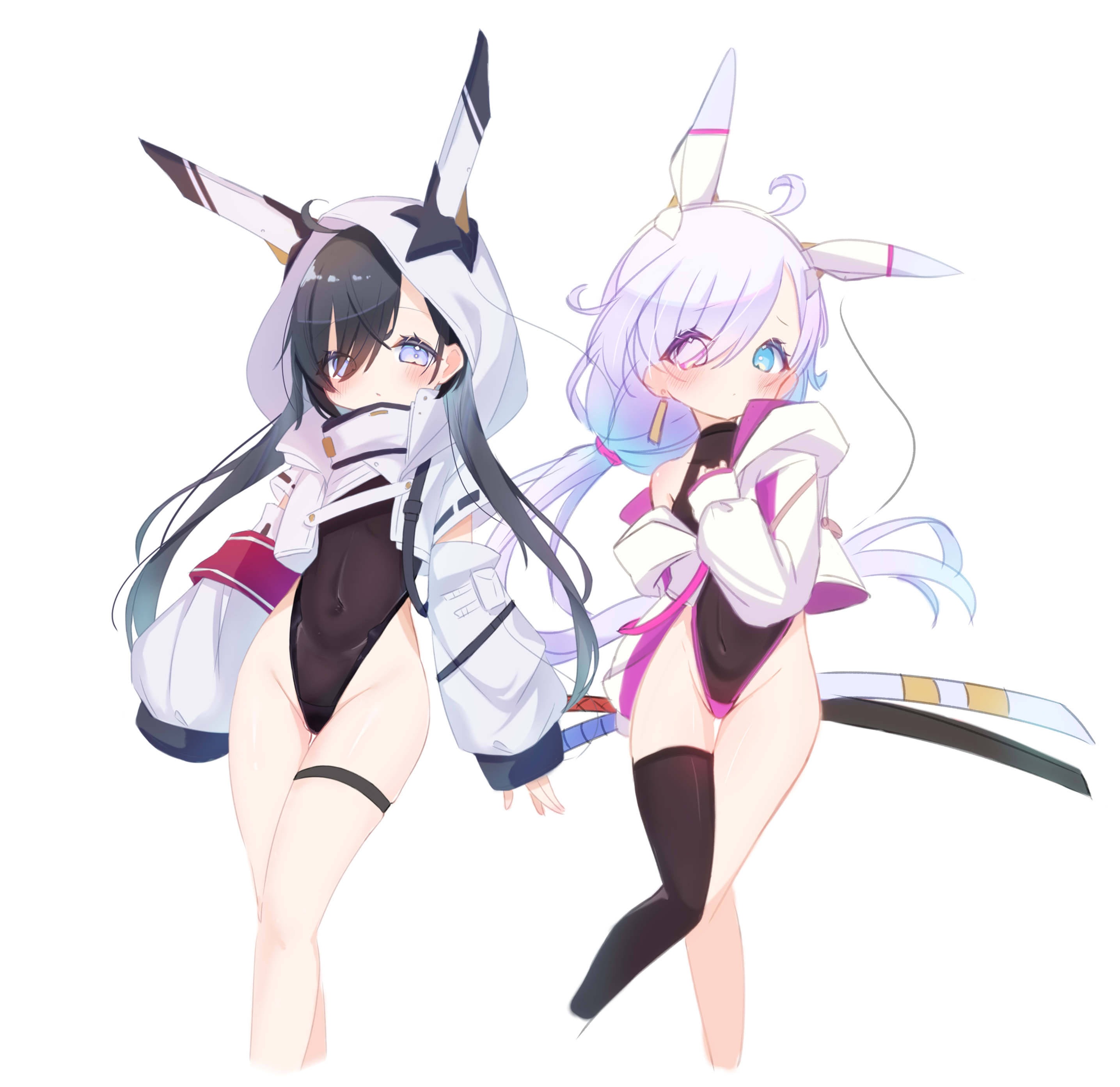 original, absurdres, highres, 2girls, animal ears, barme (mxkx7572), black hair, black leotard, black thighhighs, blue eyes, covered navel, fake animal ears, groin, heterochromia, highleg, highleg leotard, hood, jacket, leotard, long hair, multiple girls, single thighhigh, thigh strap, thighhighs, thighs, twintails, white hair, white hood, white jacket