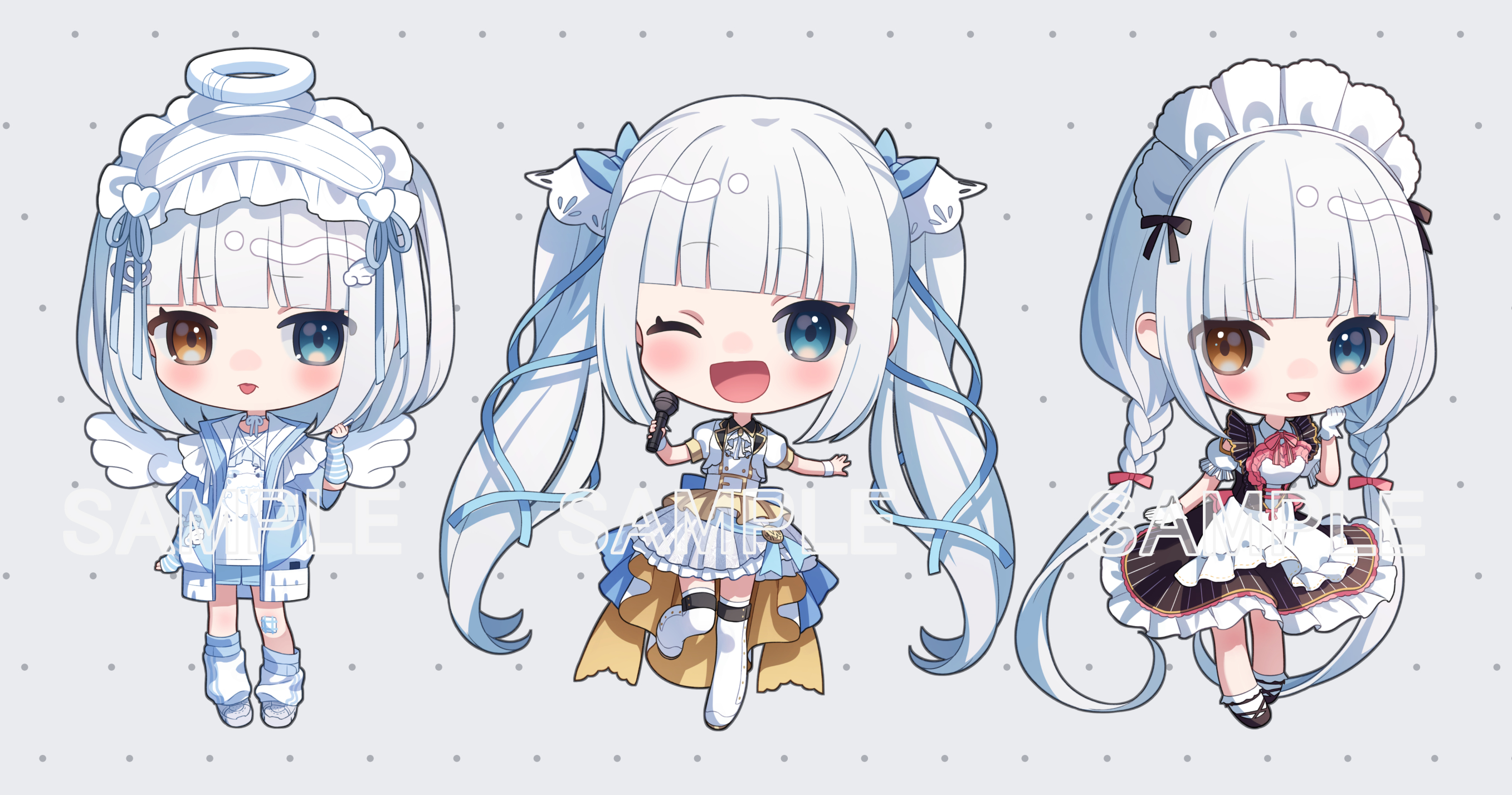 jimmy madomagi, kagura mea, kagura gumi, commentary request, highres, 3girls, :p, alternate costume, apron, arm warmers, bandaged leg, bandages, black dress, blue eyes, blue jacket, blue leg warmers, blue ribbon, blue skirt, blush, boots, chibi, dress, enmaided, frilled hairband, frills, grey background, hair ornament, hair ribbon, hairband, halo, heterochromia, holding, holding microphone, jacket, leg warmers, long hair, looking at viewer, maid, maid headdress, microphone, multiple girls, multiple persona, one eye closed, open mouth, polka dot, polka dot background, ribbon, sample watermark, shirt, short sleeves, showgirl skirt, sidelocks, simple background, skirt, smile, socks, thigh boots, tongue, tongue out, very long hair, virtual youtuber, watermark, white apron, white boots, white hair, white hairband, white shirt, white socks, wing hair ornament, wings, yellow eyes, yellow skirt