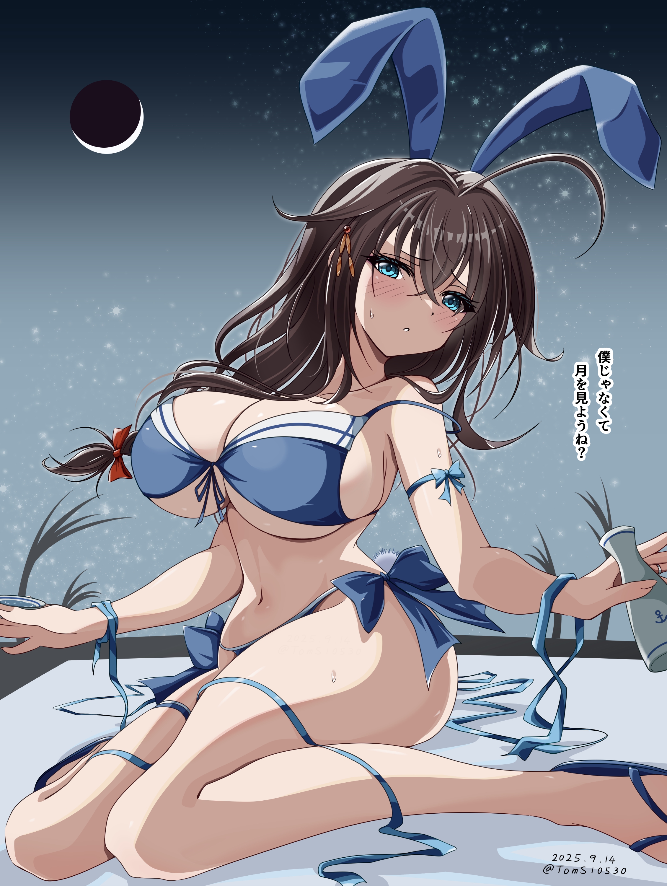 toms, shigure (kancolle), shigure kai san (kancolle), shigure kai san (swimsuit) (kancolle), kantai collection, absurdres, commentary request, highres, translation request, 1girl, animal ears, bikini, black hair, blue bikini, blue eyes, blue ribbon, bottle, braid, crescent moon, front-tie bikini top, front-tie top, hair flaps, long hair, moon, night, rabbit ears, ribbon, sandals, side-tie bikini bottom, single braid, solo, swimsuit, tokkuri
