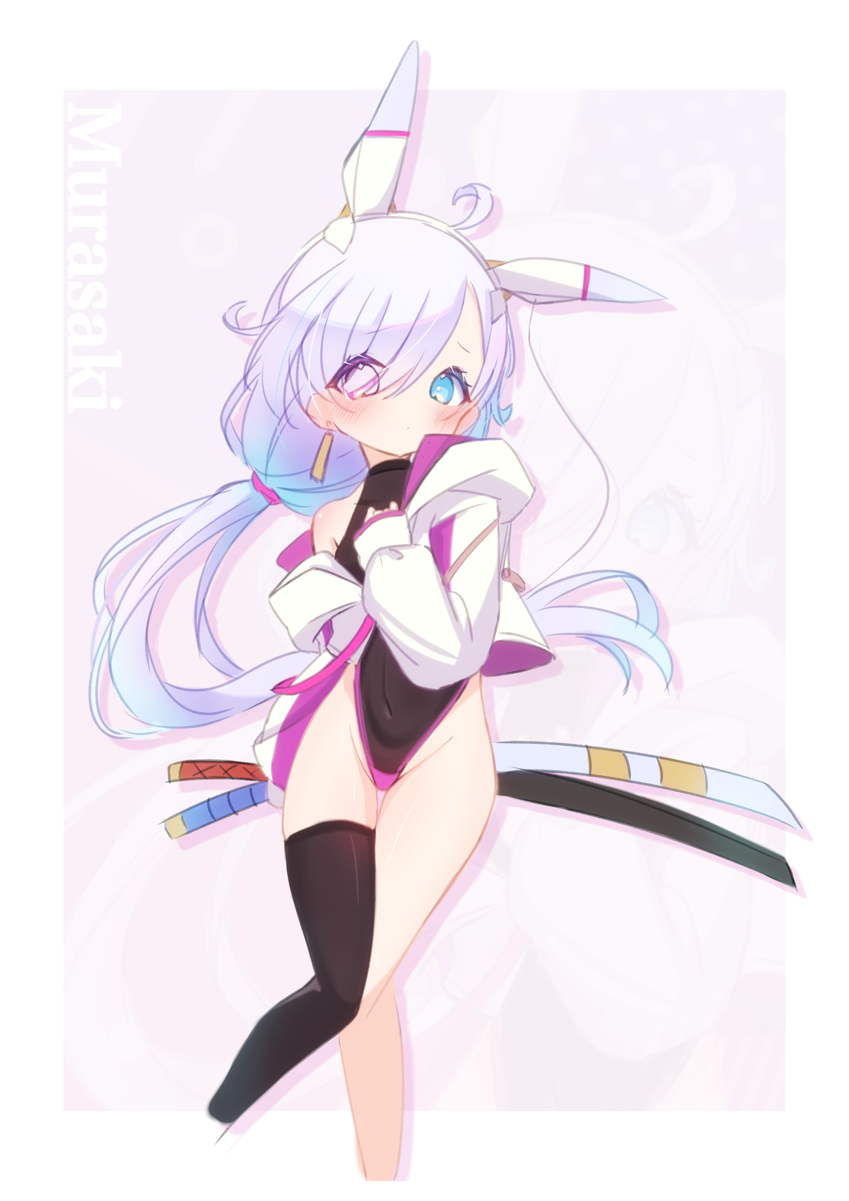original, absurdres, highres, 1girl, animal ears, barme (mxkx7572), black leotard, black thighhighs, covered navel, fake animal ears, groin, heterochromia, highleg, highleg leotard, hood, jacket, leotard, long hair, single thighhigh, solo, thighhighs, thighs, twintails, white hair, white hood, white jacket