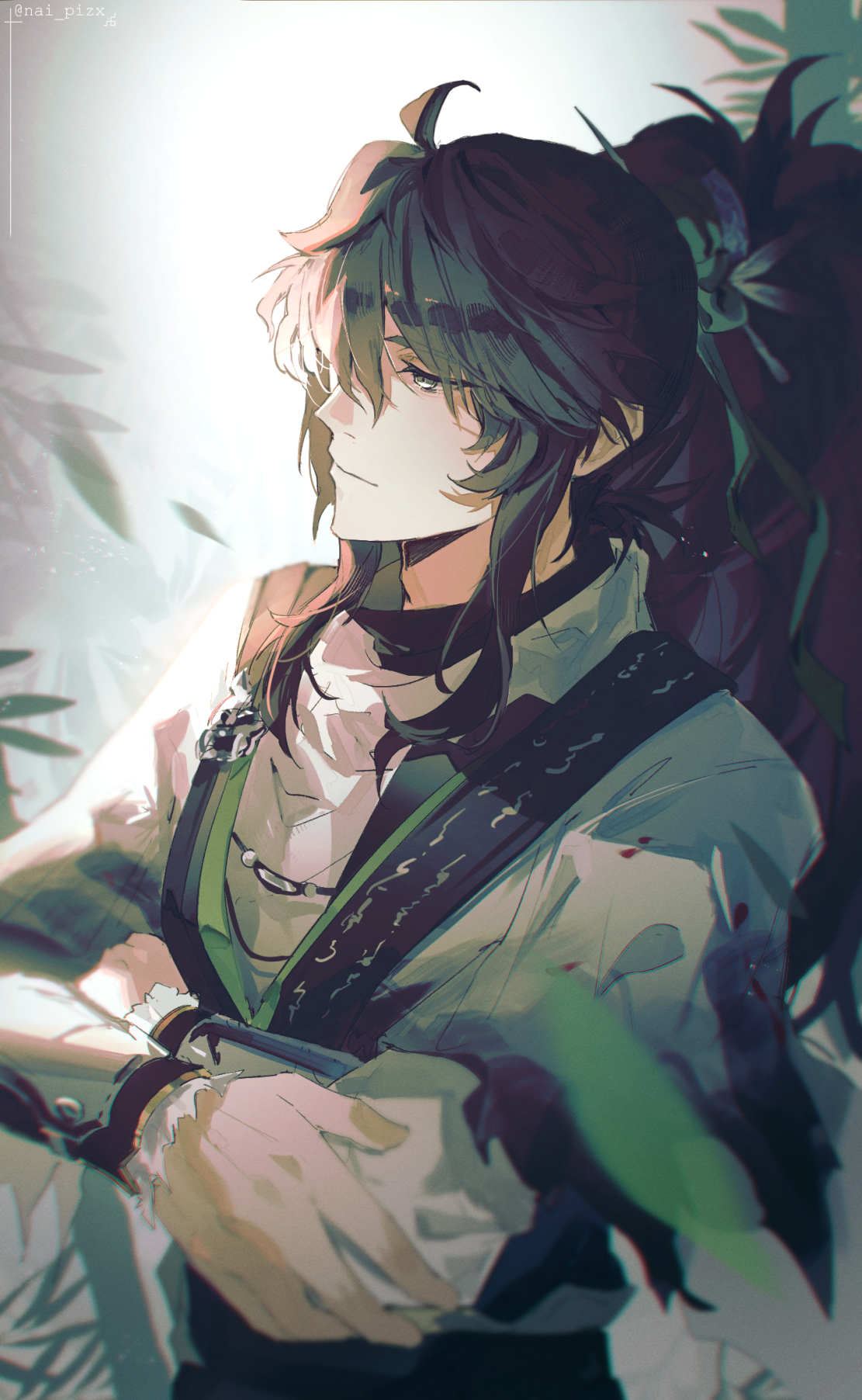 nai pizx, qiuyuan (wuthering waves), wuthering waves, commentary request, highres, 1boy, black hair, chinese clothes, closed mouth, green ribbon, hair ornament, hair stick, long hair, male focus, ponytail, ribbon, solo, upper body