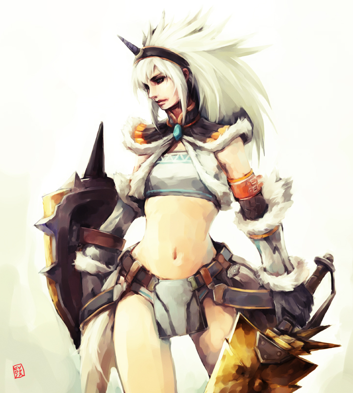 hironox, capcom, monster hunter (series), 1girl, bandeau, detached sleeves, elbow gloves, female focus, gloves, hairband, horns, kirin (armor), loincloth, navel, shield, single horn, solo, spikes, sword, weapon, white hair