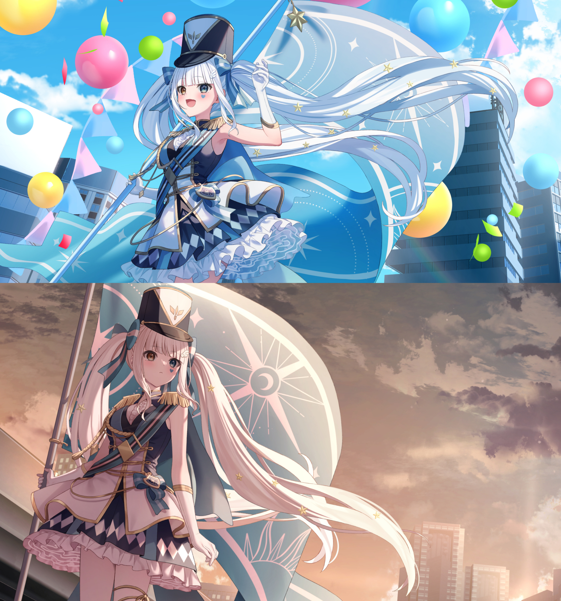 jimmy madomagi, kagura mea, kagura gumi, commentary request, highres, 1girl, argyle clothes, argyle skirt, balloon, black hat, blue bow, blue dress, blue eyes, blush, bow, brown sky, building, closed mouth, cowboy shot, dress, elbow gloves, facial mark, flag, frown, gloves, gold trim, hair bow, hat, heart, heart facial mark, heterochromia, holding, holding flag, long hair, looking to the side, open mouth, shako cap, sleeveless, sleeveless dress, smile, solo, sunset, very long hair, virtual youtuber, white dress, white gloves, white hair, yellow eyes