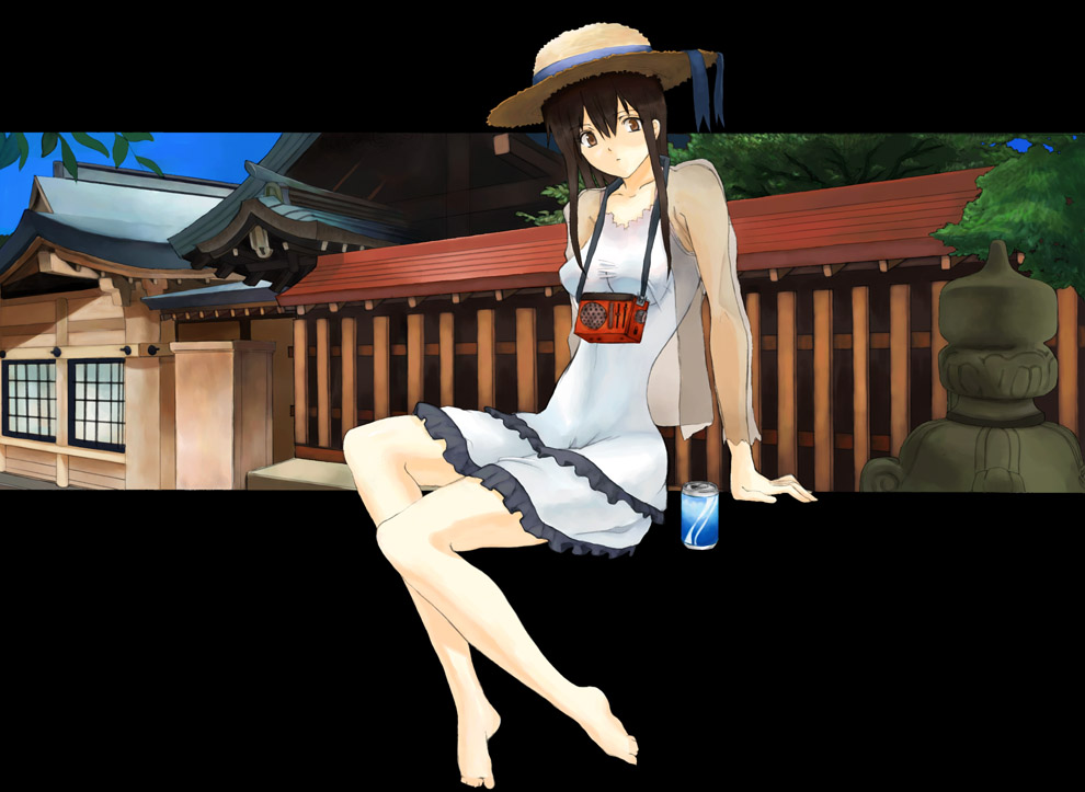 krsg (yuusen wireless), kura, 1girl, :<, architecture, arm support, bare legs, bare shoulders, barefoot, black hair, blue ribbon, blue sky, blush, bottle, breasts, brown eyes, brown hair, brown hat, building, can, closed mouth, collarbone, day, dress, drink can, east asian architecture, female focus, frilled dress, frills, full body, hair between eyes, hat, house, layered dress, letterboxed, long hair, looking at viewer, medium breasts, outdoors, outside border, plant, potted plant, radio, ribbon, see-through clothes, shouji, sidelocks, sitting, sky, sleeveless, sleeveless dress, sliding doors, soda can, solo, statue, strap, sun hat, sundress, taut clothes, taut dress, toes, tree, white dress