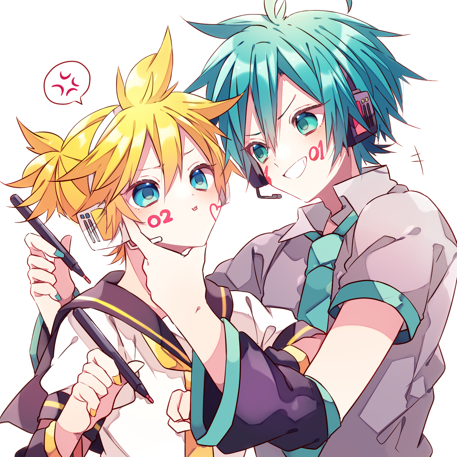 kaho 0102, hatsune mikuo, kagamine len, vocaloid, commentary request, highres, +++, 2boys, ahoge, anger vein, arm warmers, black sailor collar, blonde hair, blue eyes, blue hair, blue necktie, double-parted bangs, facial mark, grey shirt, grin, hair between eyes, hand on another's chin, headset, heart, holding, holding stylus, male focus, multiple boys, nail polish, necktie, parted lips, sailor collar, shirt, short hair, short sleeves, simple background, smile, spoken anger vein, stylus, upper body, v-shaped eyebrows, white background, white shirt, yellow nails, yellow necktie