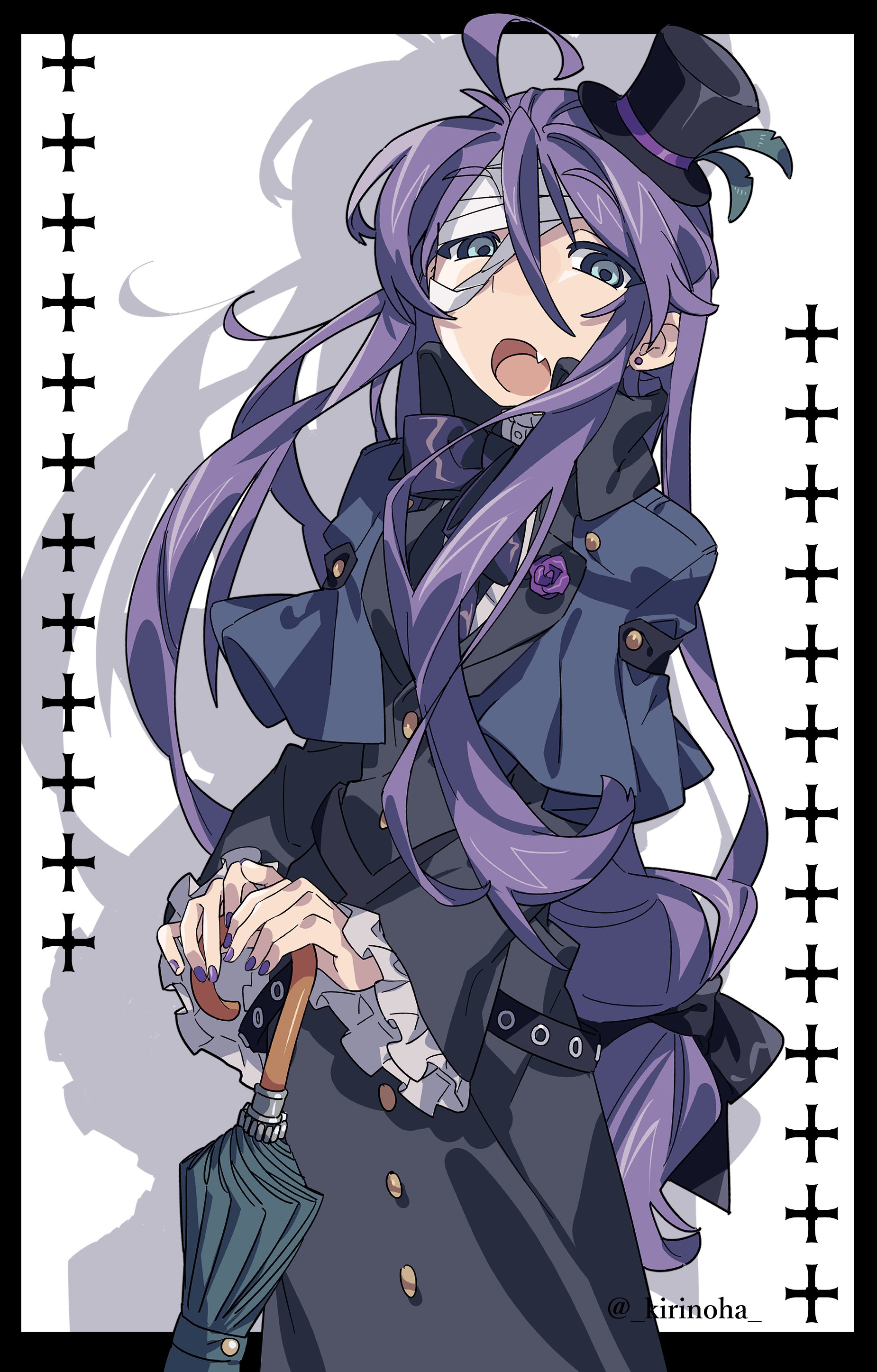 kirinoha, kamui gakupo, vocaloid, absurdres, highres, 1boy, ahoge, bandaged head, bandages, black coat, black hat, blue eyes, coat, cross, fang, frilled sleeves, frills, hair between eyes, hat, hat feather, holding, holding umbrella, long hair, looking at viewer, low ponytail, male focus, mini hat, mini top hat, ouji fashion, ponytail, purple hair, purple nails, skin fang, solo, top hat, trench coat, twitter username, umbrella, very long hair, wide sleeves