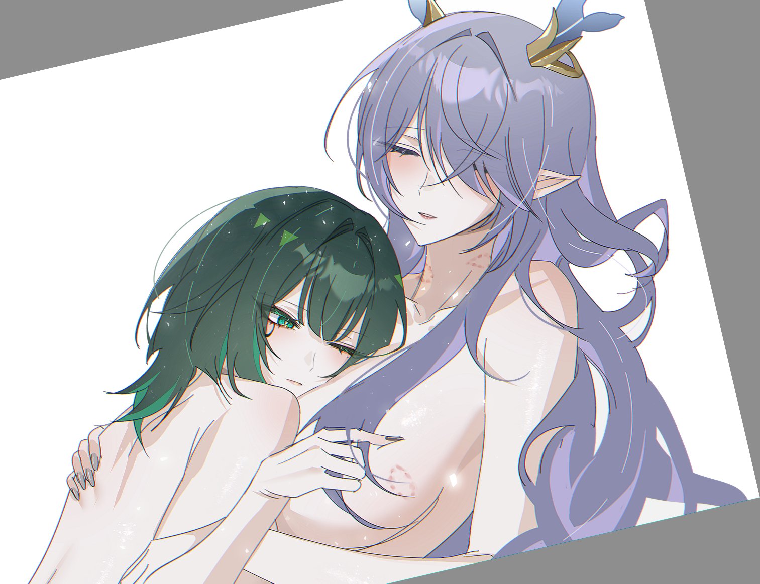 seol (baconontheclock), lauma (genshin impact), nefer (genshin impact), genshin impact, commentary, 2girls, aftersex, antlers, art program in frame, back, bite mark, bite mark on breast, bite mark on neck, black nails, blush, bored, breasts, bright pupils, closed eyes, closed mouth, deer antlers, deer girl, expressionless, facial mark, fingernails, green eyes, green hair, hair over one eye, head on chest, holding another's hair, horns, large breasts, long fingernails, long hair, looking to the side, lying, lying on person, mark under eye, median furrow, medium hair, multiple girls, nail polish, nude, on back, on stomach, parted lips, pointy ears, purple hair, simple background, u u, white background, white pupils, yuri