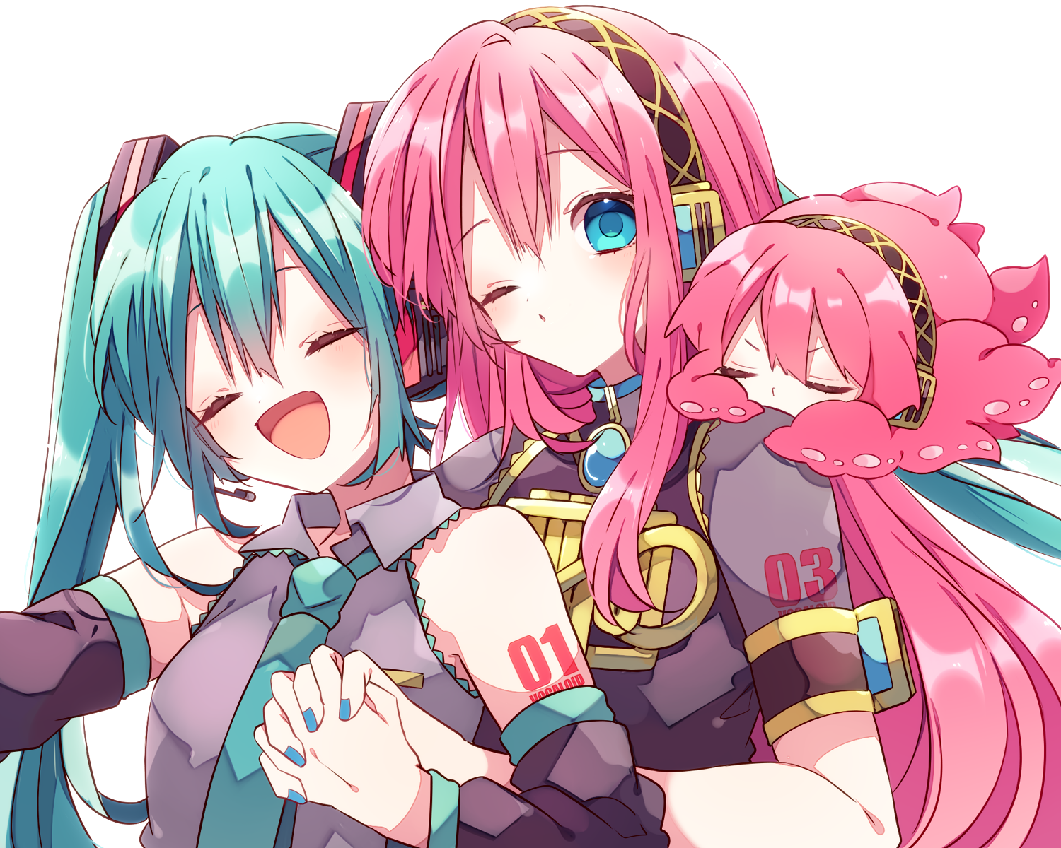 kaho 0102, hatsune miku, megurine luka, takoluka, vocaloid, commentary request, highres, 2girls, :d, ;o, bare shoulders, black sleeves, blue eyes, blue hair, blue nails, blue necktie, blush, brown shirt, closed eyes, collared shirt, detached sleeves, double-parted bangs, grey shirt, headphones, holding hands, interlocked fingers, long hair, long sleeves, multiple girls, nail polish, necktie, number tattoo, one eye closed, open mouth, parted lips, pink hair, see-through clothes, see-through sleeves, shirt, short sleeves, shoulder tattoo, simple background, sleeveless, sleeveless shirt, smile, tattoo, twintails, upper body, v-shaped eyebrows, white background