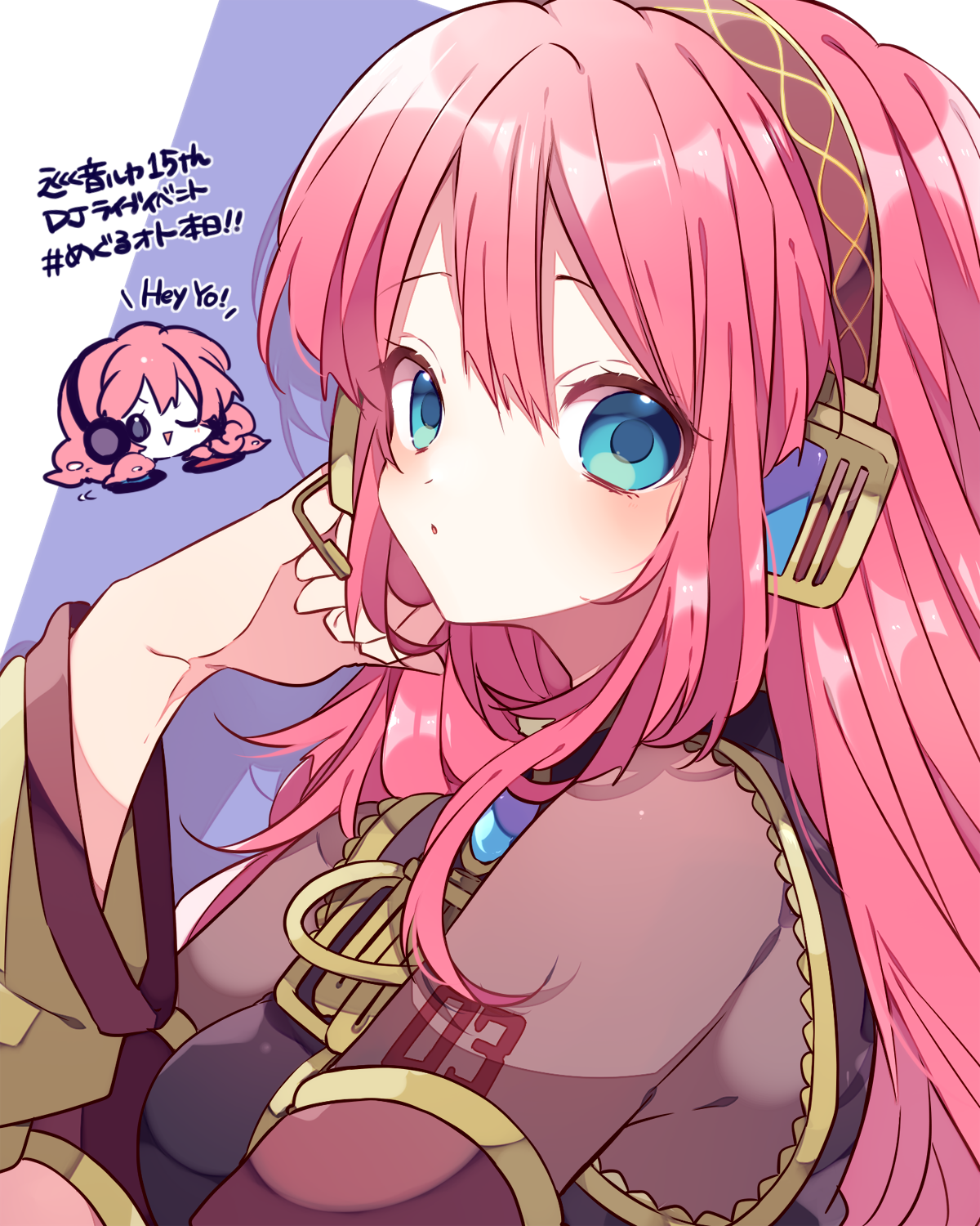 kaho 0102, megurine luka, takoluka, vocaloid, commentary request, highres, translation request, 1girl, :o, ;d, arm warmers, blue eyes, blush, brown shirt, double-parted bangs, hand up, headphones, long hair, looking at viewer, number tattoo, one eye closed, open mouth, parted lips, pink hair, purple background, see-through clothes, see-through sleeves, shirt, shoulder tattoo, smile, tattoo, upper body