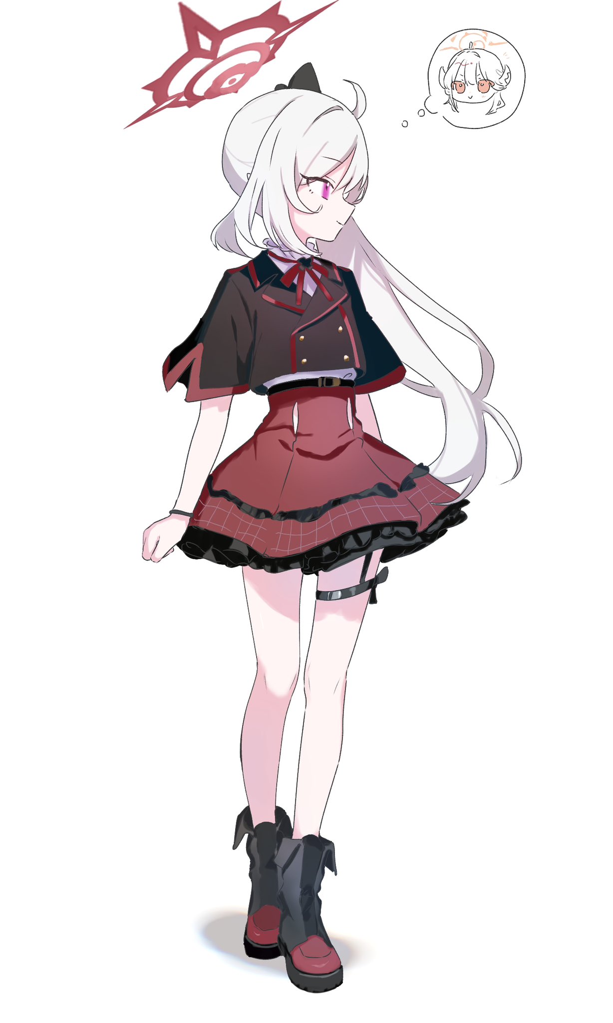 aru (blue archive), mutsuki (blue archive), blue archive, commentary request, highres, 1girl, black boots, black flower, black jacket, boots, bow, bracelet, buttons, chibi, clenched hands, clothing cutout, double-breasted, facing viewer, flower, frilled shirt, frills, full body, halo, high-waist skirt, hip vent, jacket, jewelry, long hair, looking to the side, monaka3200, neck ribbon, orange eyes, plaid clothes, plaid skirt, pointy ears, purple eyes, red halo, red skirt, ribbon, school uniform, shirt, short sleeves, side ponytail, simple background, skirt, smile, solo, speech bubble, standing, thigh strap, thought bubble, underbust, white background, white hair, white shirt, wide sleeves