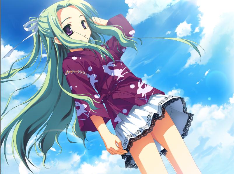 shichijou sasara, natsuzora kanata, game cg, 1girl, cloud, day, female focus, green hair, japanese clothes, kimono, long hair, purple eyes, rabbit, ribbon, skirt, sky, solo