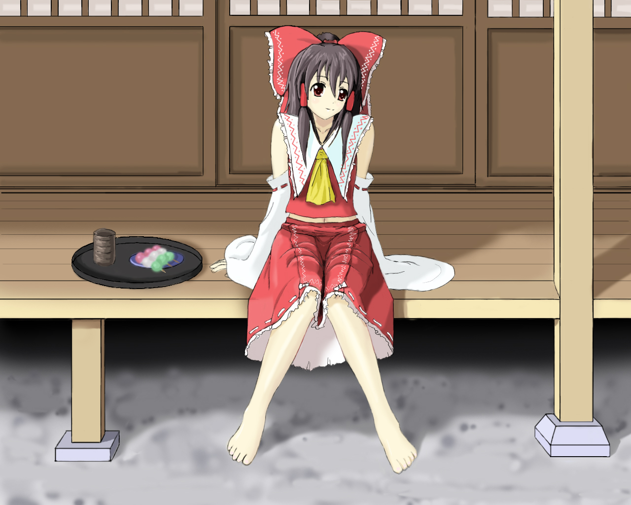 setona (daice), hakurei reimu, imperishable night, touhou, bad id, bad pixiv id, 1girl, arm support, barefoot, cup, dango, detached sleeves, female focus, food, japanese clothes, miko, plate, porch, ribbon, sanshoku dango, sitting, skewer, solo, teacup, tray, veranda, wagashi, yunomi