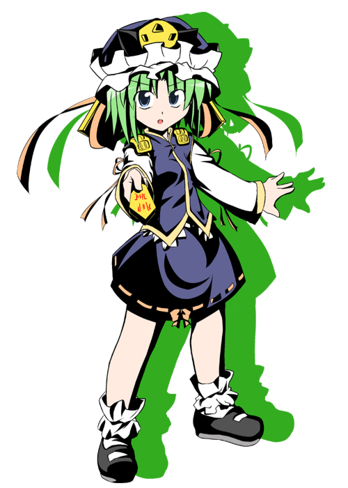 kazawa (tonzura-d), yonige ya, shiki eiki, touhou, 1girl, child, female focus, green hair, hat, ribbon, rod of remorse, short hair, solo