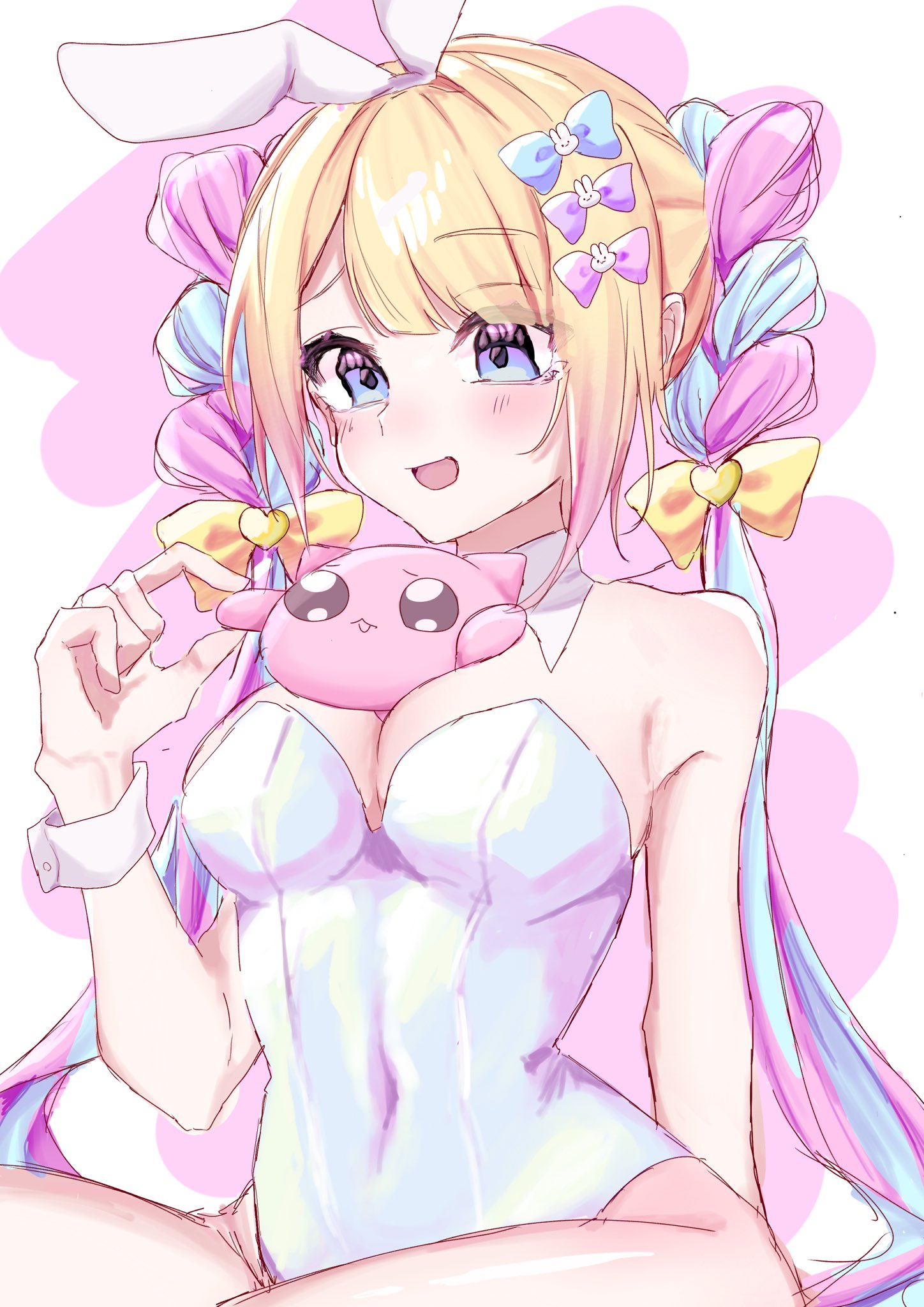 hn ost, chouzetsusaikawa tenshi-chan, chouzetsusaikawa tenshi-chan (playboy bunny), pien cat (needy girl overdose), needy girl overdose, highres, 1girl, :d, animal ear hairband, animal ears, blonde hair, blue eyes, blue hair, blue leotard, blunt bangs, blush, braid, collar, colored tips, fake animal ears, hairband, leotard, multicolored hair, open mouth, pink hair, playboy bunny, rabbit ear hairband, rabbit ears, smile, solo, squishing, stuffed animal, stuffed toy, thighs, twintails, wrist cuffs