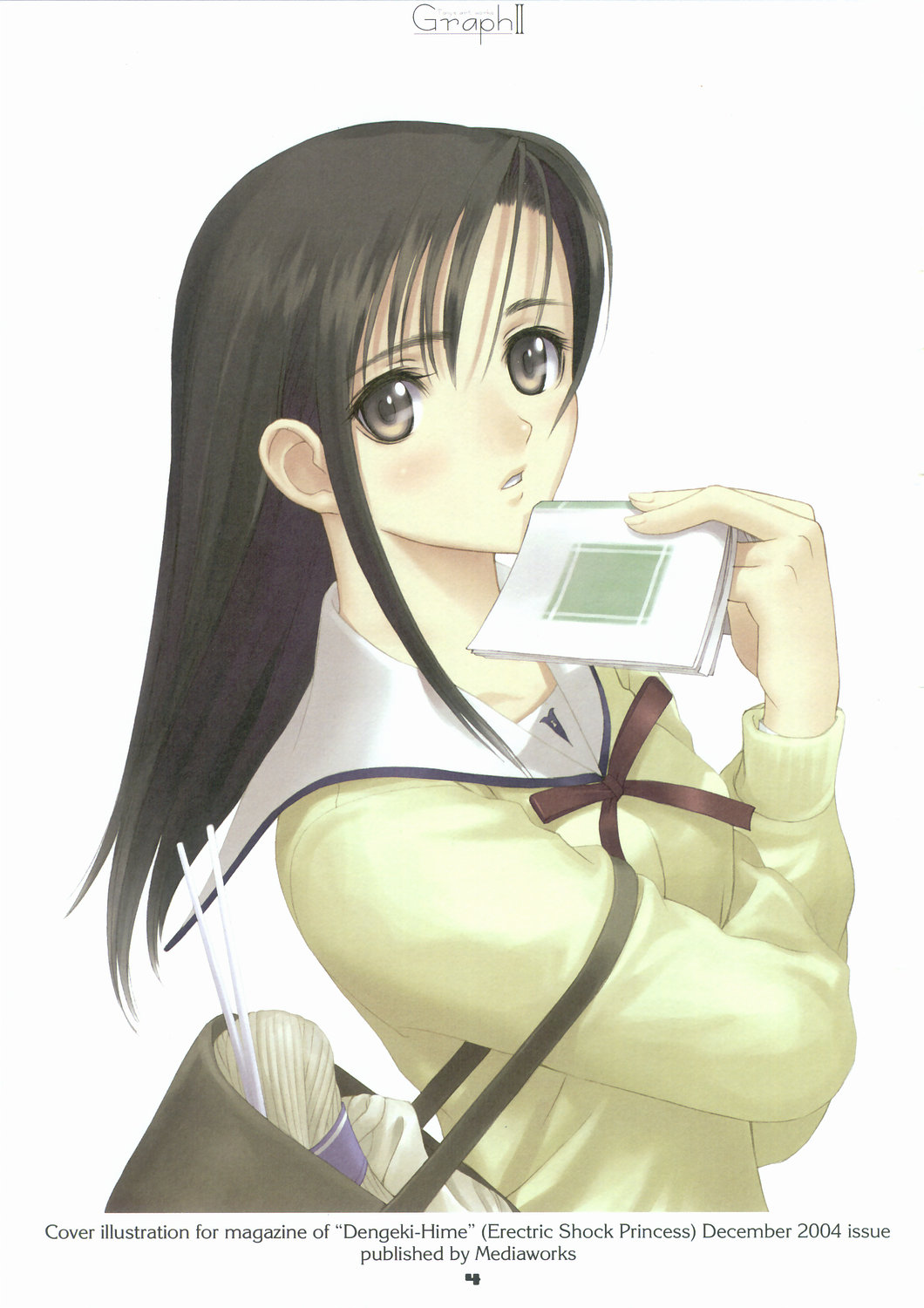 tony taka, dengeki hime, highres, 1girl, bag, black eyes, black hair, book, female focus, handbag, school uniform, serafuku, solo, yarn