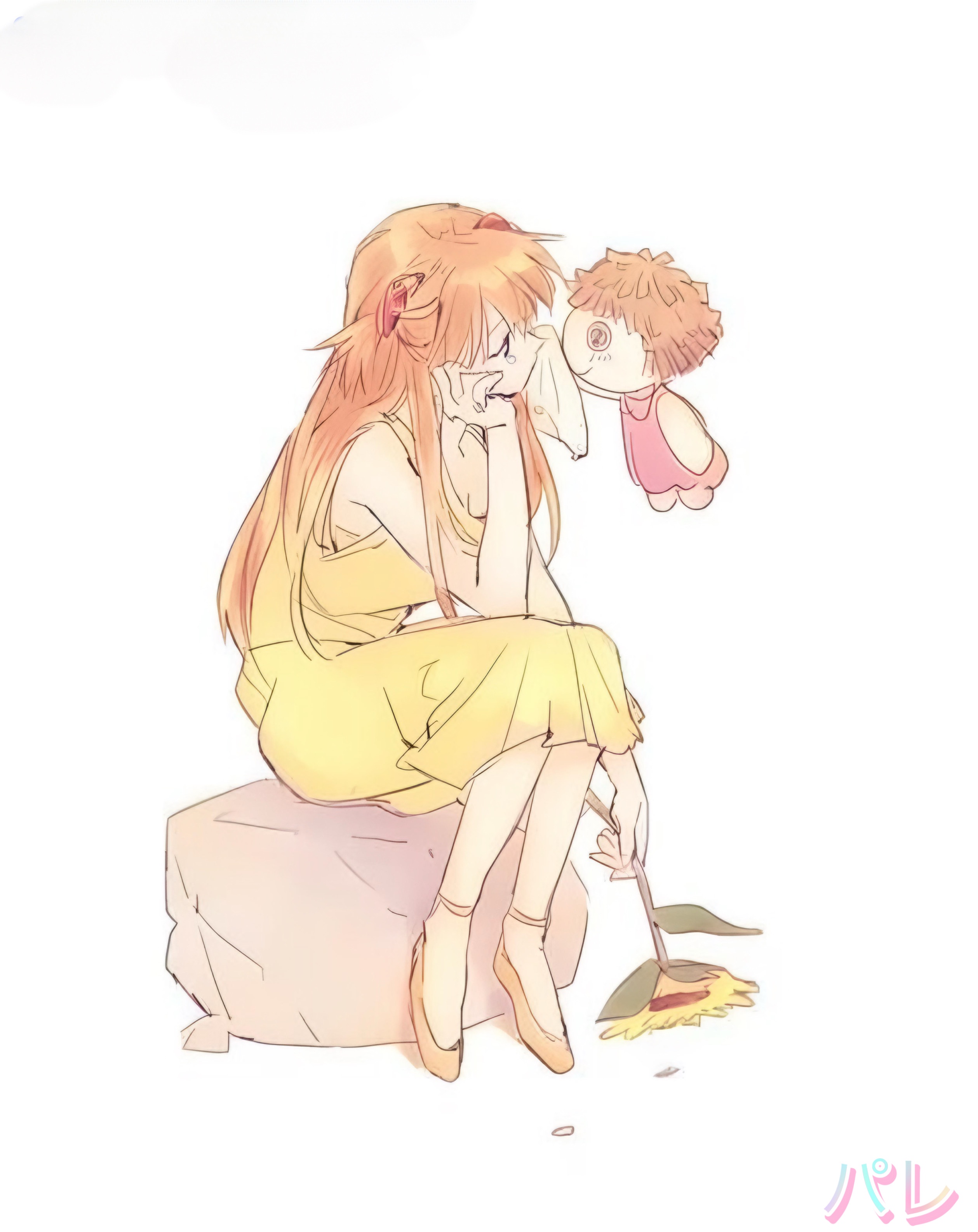 souryuu asuka langley, neon genesis evangelion, absurdres, bad id, bad pixiv id, highres, 1girl, comforting, crying, crying with eyes open, doll, dress, floating, flower, hair ornament, hairclip, hand on own cheek, hand on own face, holding, holding flower, interface headset (evangelion), long hair, looking at another, palais, sad, sitting, sunflower, tears, wiping tears