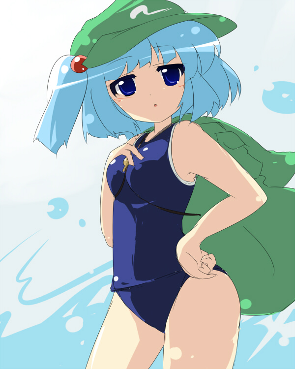 oka (bananashoe), kawashiro nitori, touhou, 1girl, bag, blue hair, female focus, one-piece swimsuit, school swimsuit, short hair, solo, swimsuit, two side up