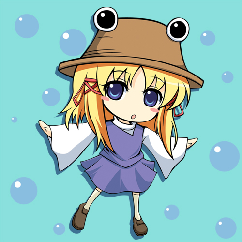 toshizou (pixiv), moriya suwako, touhou, bad id, bad pixiv id, lowres, 1girl, blonde hair, blush, chibi, female focus, hat, ribbon, short hair, solo